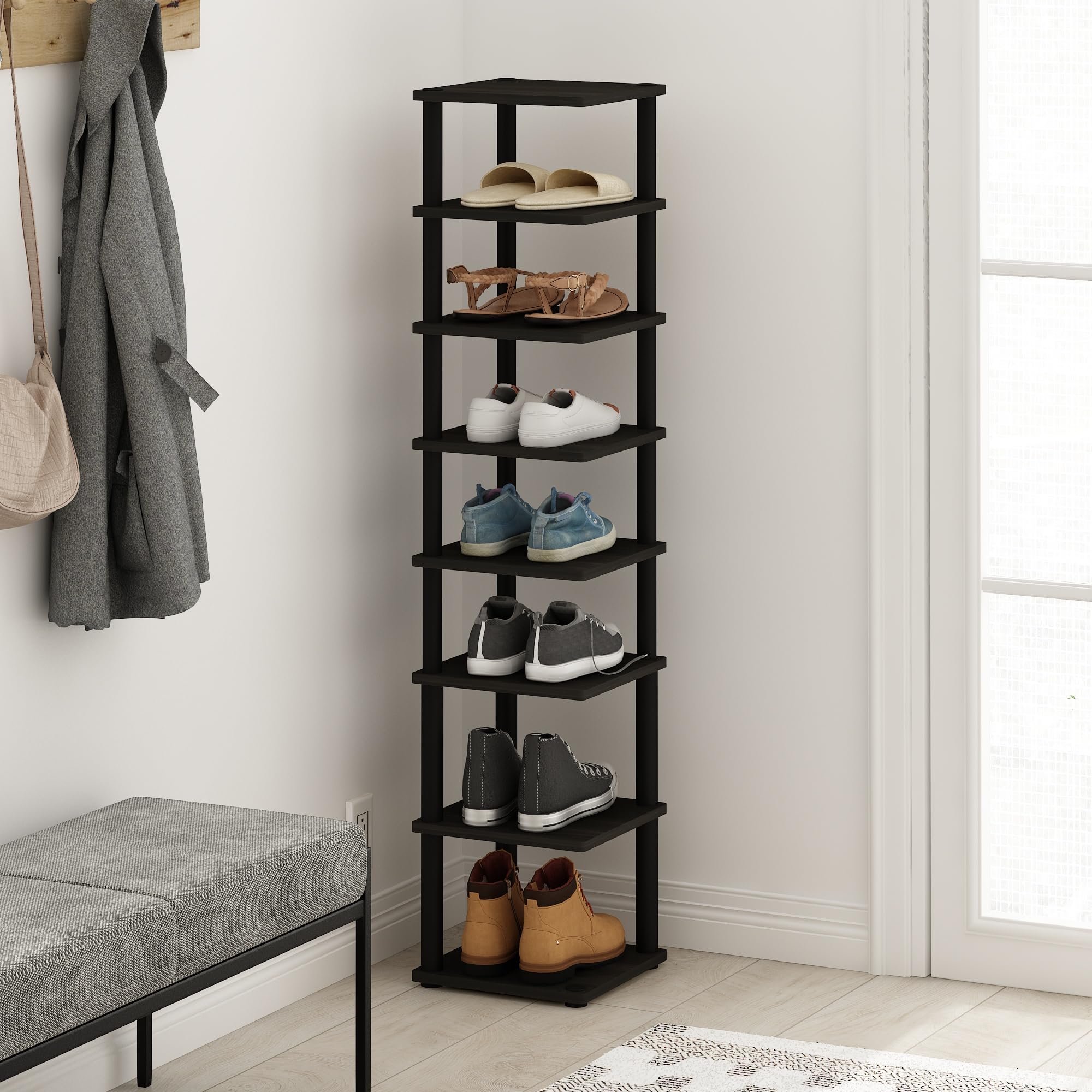 Furinno Turn-N-Tube 8-Tier Vertical Space Saving Free Standing Shoe Tower, Shoe Rack for Closet Entryway, Espresso/Black