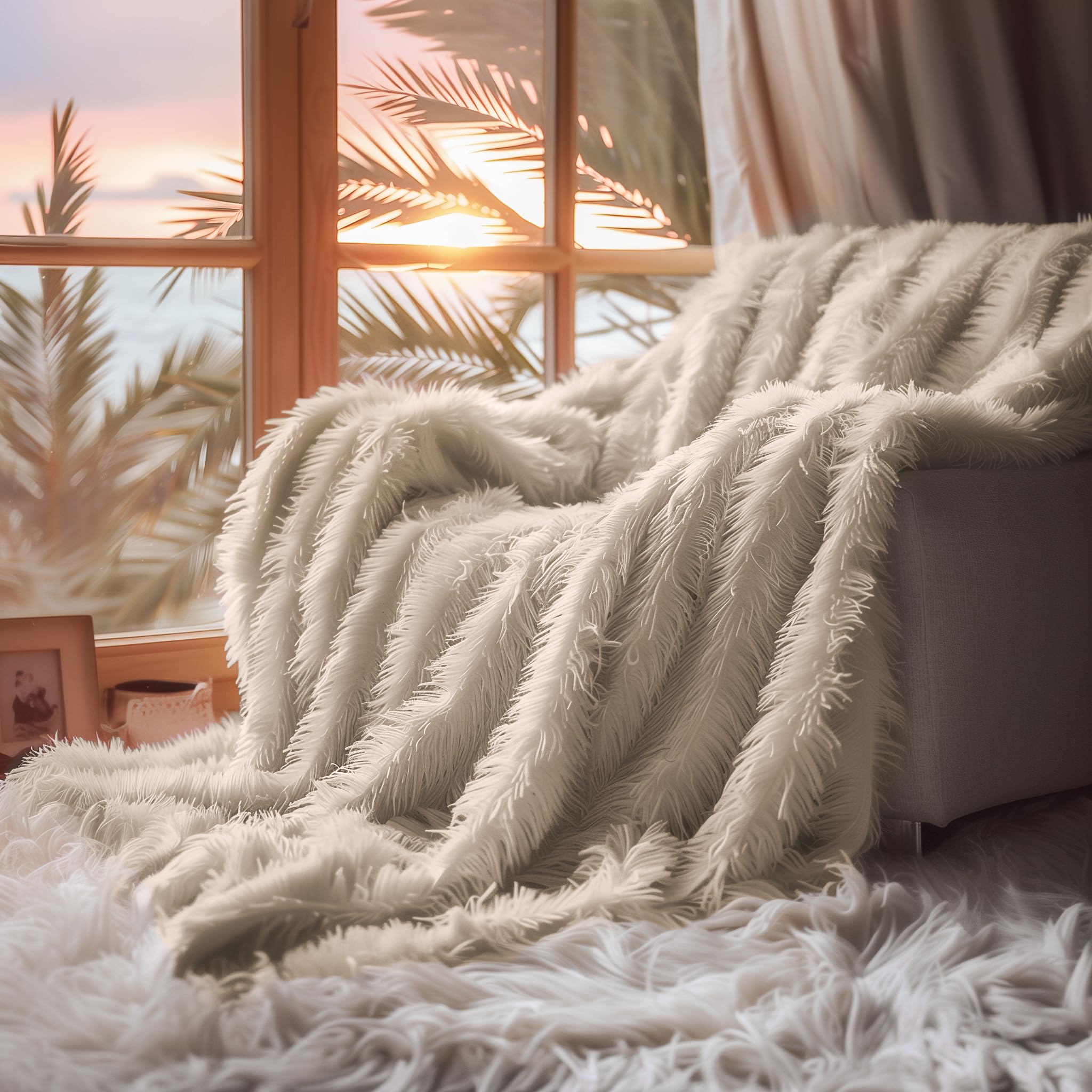 Hyde Lane Fluffy Cute Throw Blankets For Couch Sofa, 2 Way Reversible Ultra Soft Long Faux Fur, Shaggy Cozy Fuzzy Blanket Beige/