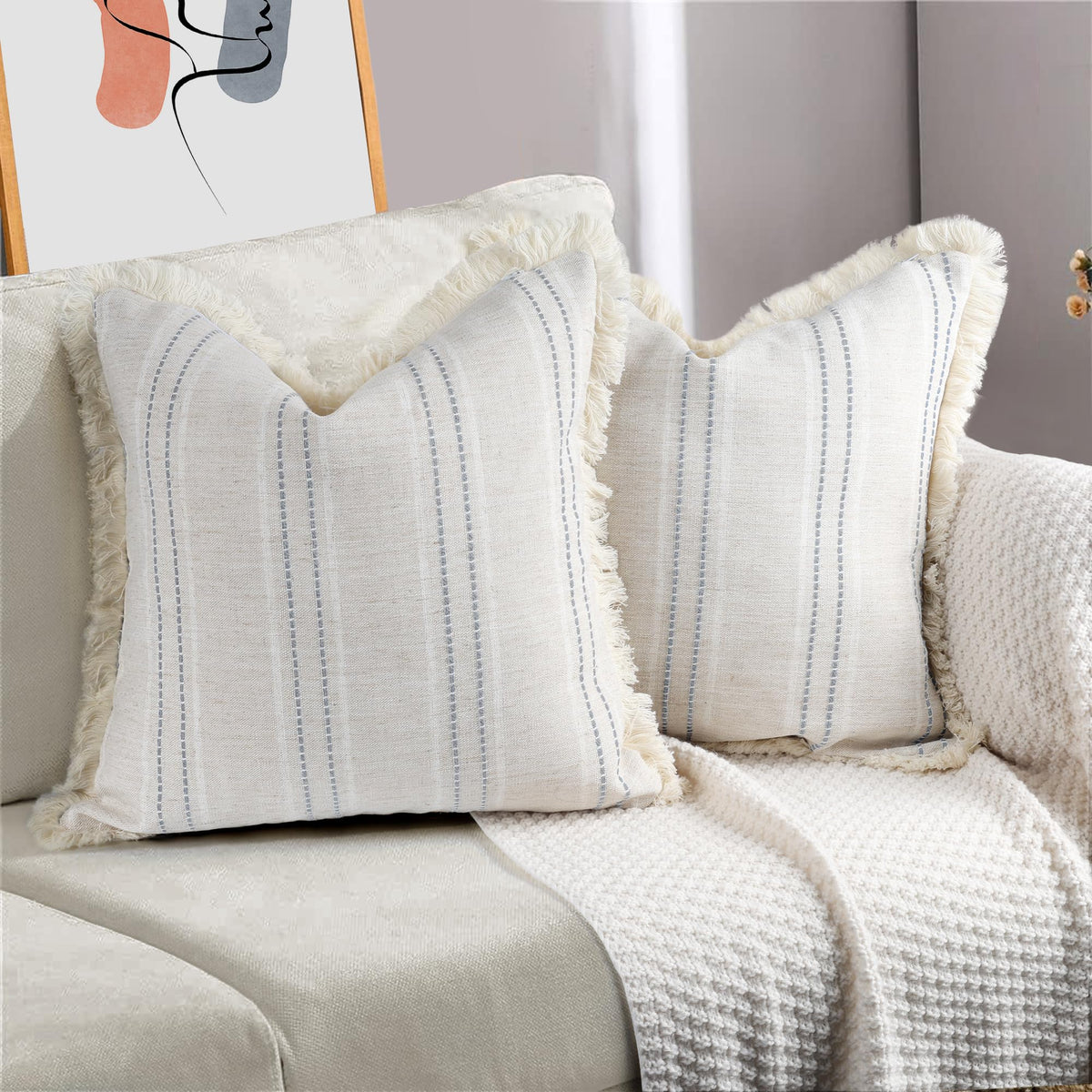 Aels 20X20 Decorative Farmhouse Linen Throw Pillow Covers With Fringe, Boho Textured Pillow Case, Set Of 2, Beige With White & G