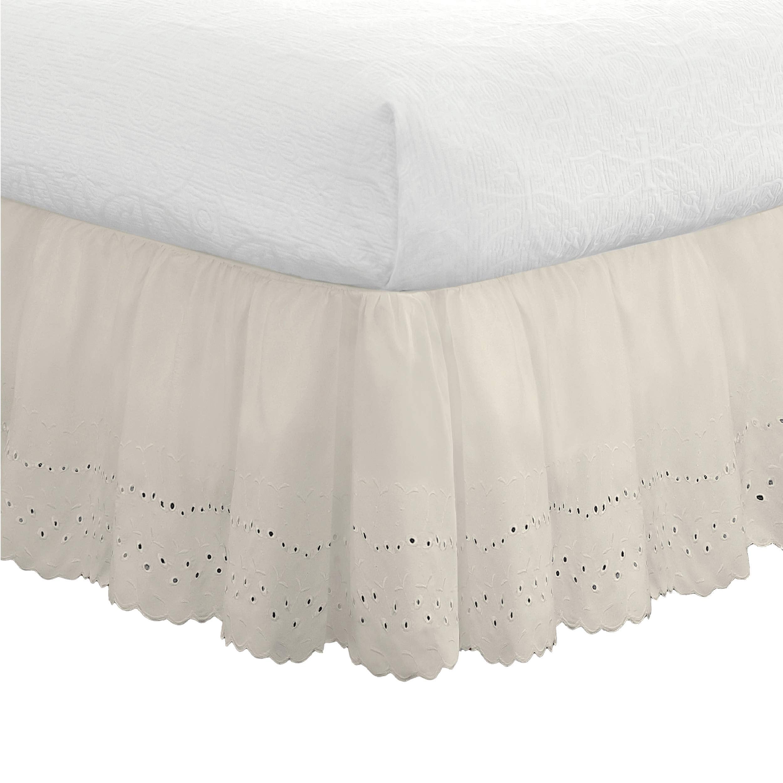 FRESH IDEAS Eyelet Bed Skirt Dust Ruffle Embroidered Details, Classic 14    drop length Gathered Styling, California King, Ivory