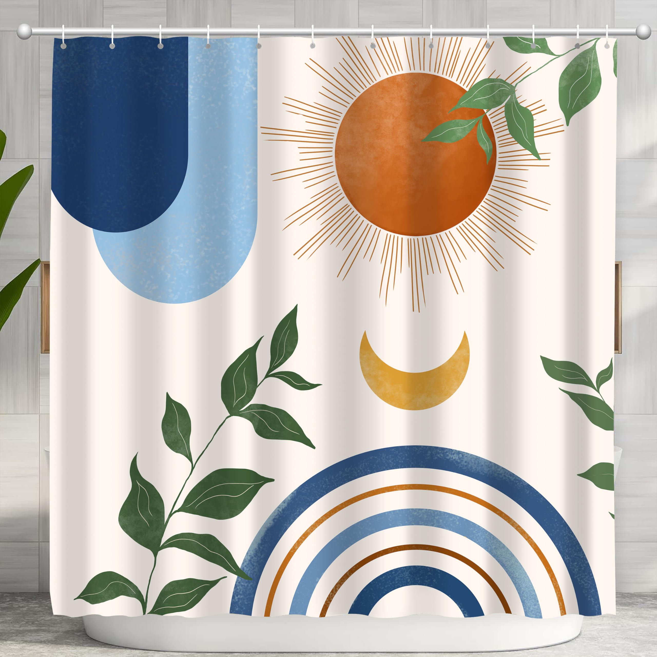 Ghroiep Mid Century Abstract Boho Aesthetic Shower Curtain Set, Blue Nature Leaf Sun Modern Minimalist Home Bathroom Curtain Dec