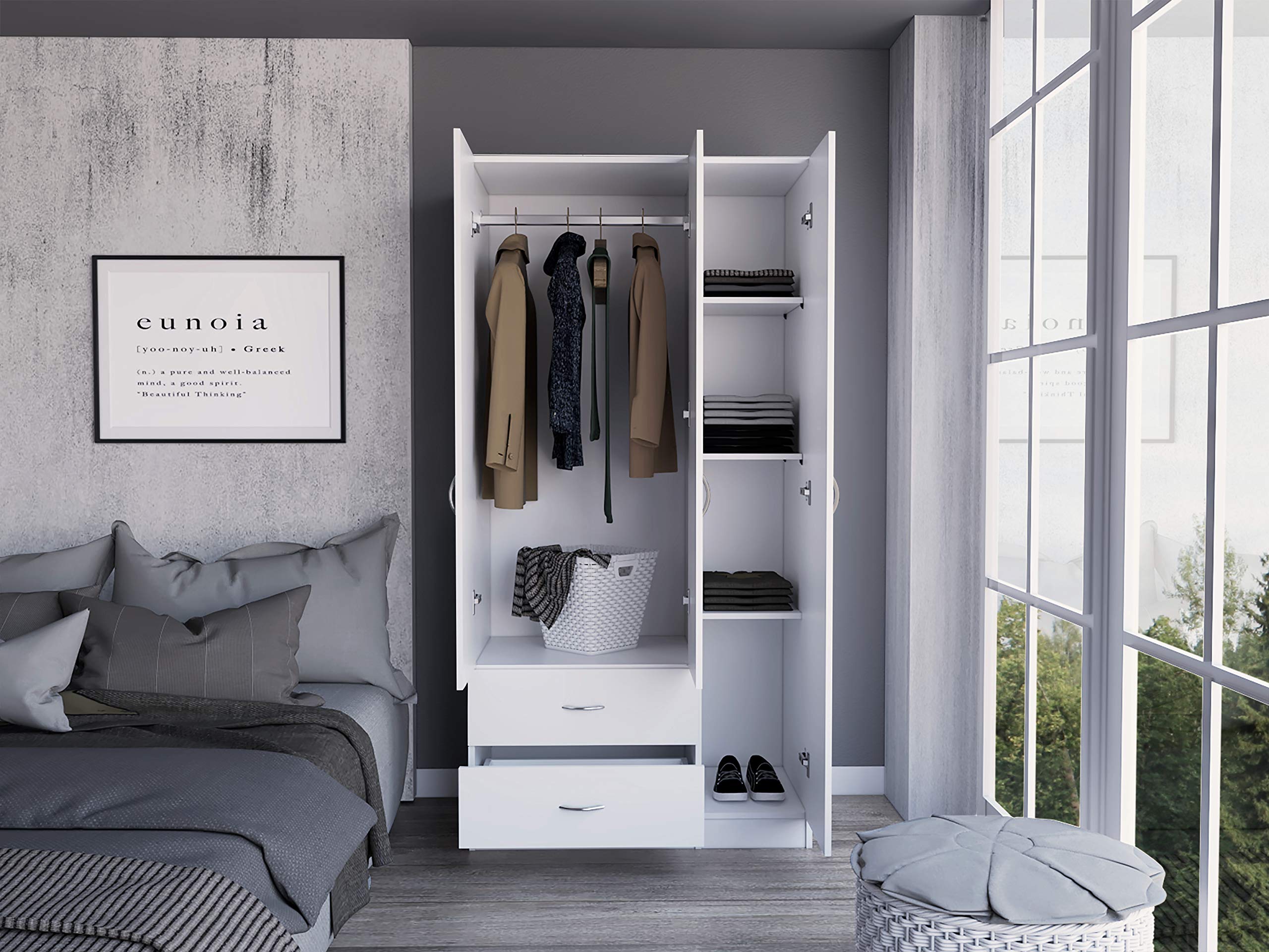 DEPOT E-SHOP Bosko 3 Doors Armoire, 2 Drawers, Metal Rod, Four Shelves, White