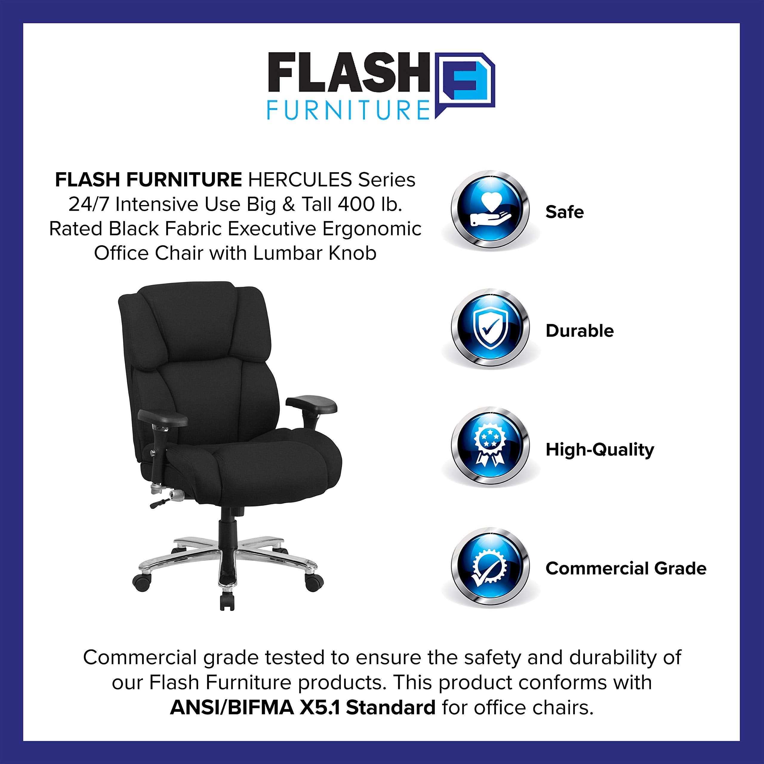 Flash Furniture HERCULES Series 24/7 Intensive Use Big & Tall 400 lb. Rated Black Fabric Executive Ergonomic Office Chair with Lumbar Knob