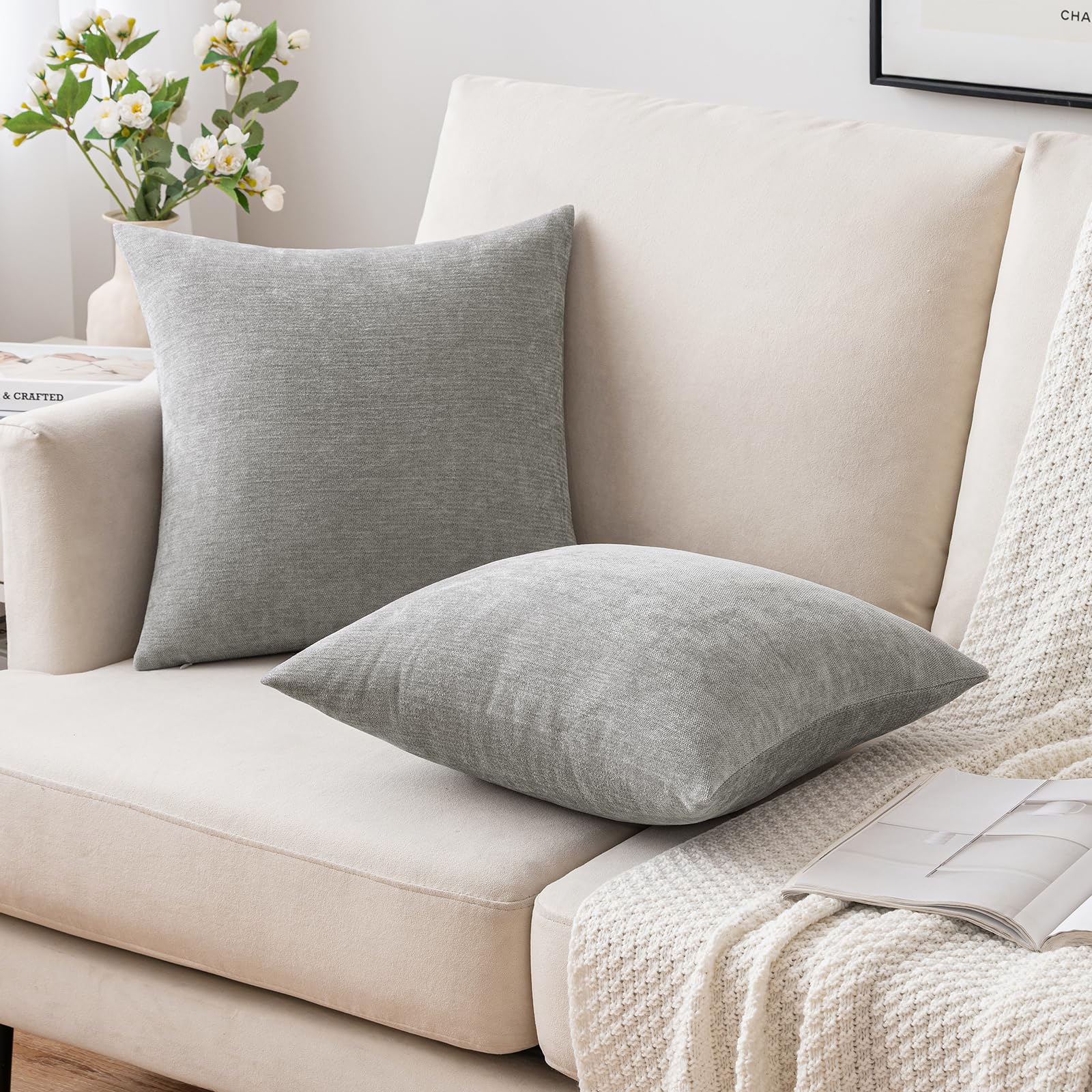 Miulee Pack Of 2 Light Grey Decorative Pillow Covers 18X18 Inch Soft Chenille Couch Throw Pillows Farmhouse Cushion Covers For Home Decor Sofa Bedroom Living Room