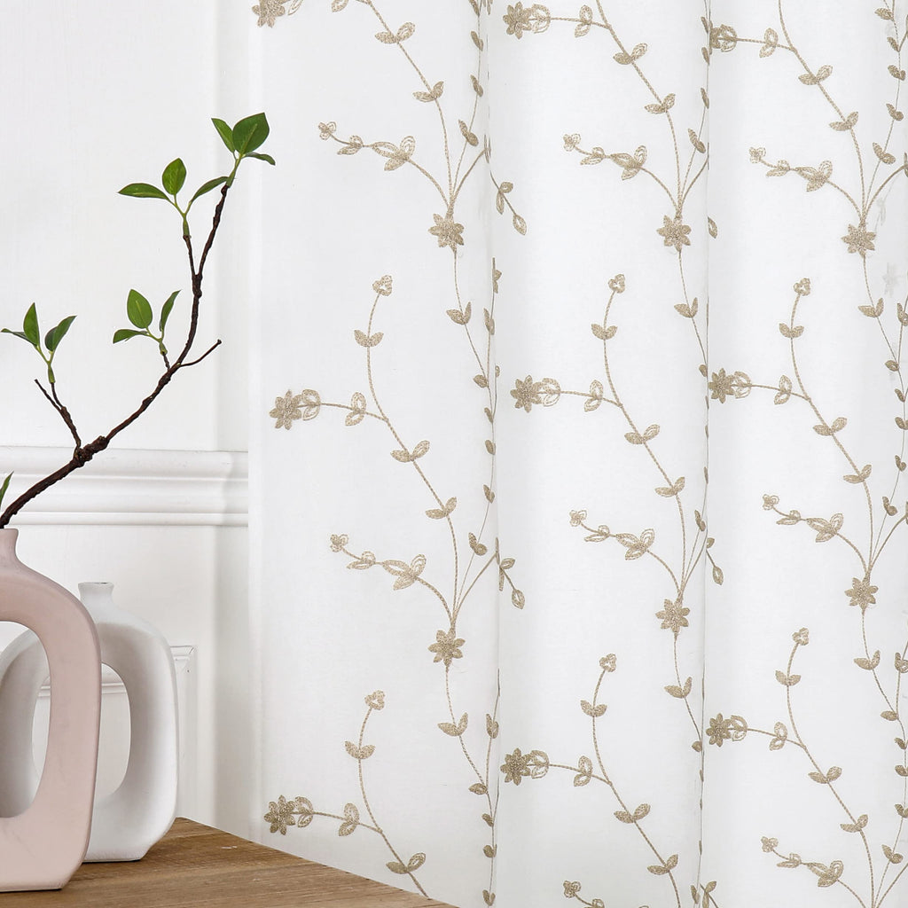 Bujasso White Beige Floral Semi Sheer Curtains 84 Inch Embroidered Leaf Patterned Window Curtain Panels With Lined Farmhouse Lig