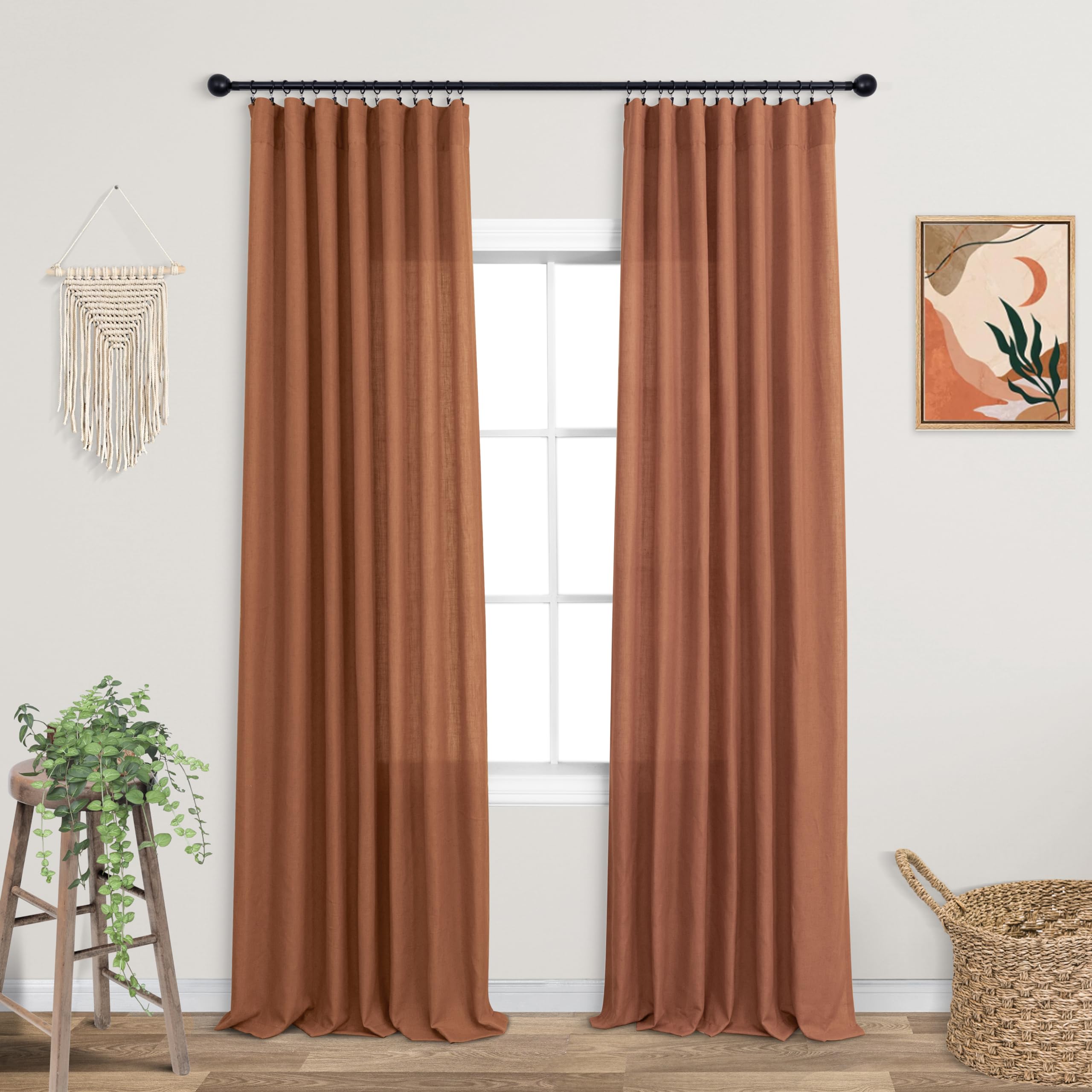 Koufall Boho Curtains 90 Inches Long,Farm House Semi Sheer Linen Terra Cotta Mexican Curtains For Living Room Bedroom 2 Panels Set,Rust Terracotta