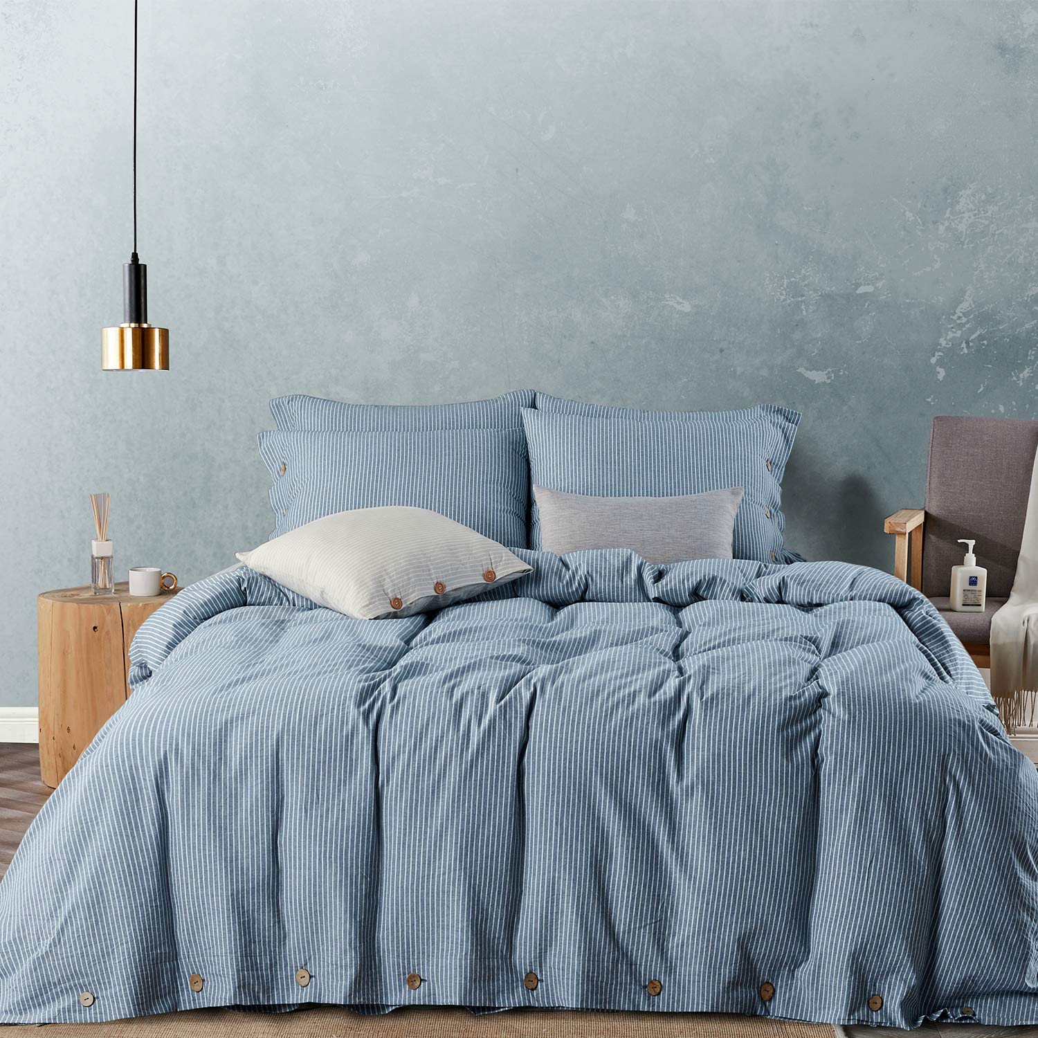 Jellymoni Pinstriped 100% Washed Cotton Linen Like Duvet Cover Set, 3 Pieces Soft Bedding Set With Buttons Closure, Blue With Wh