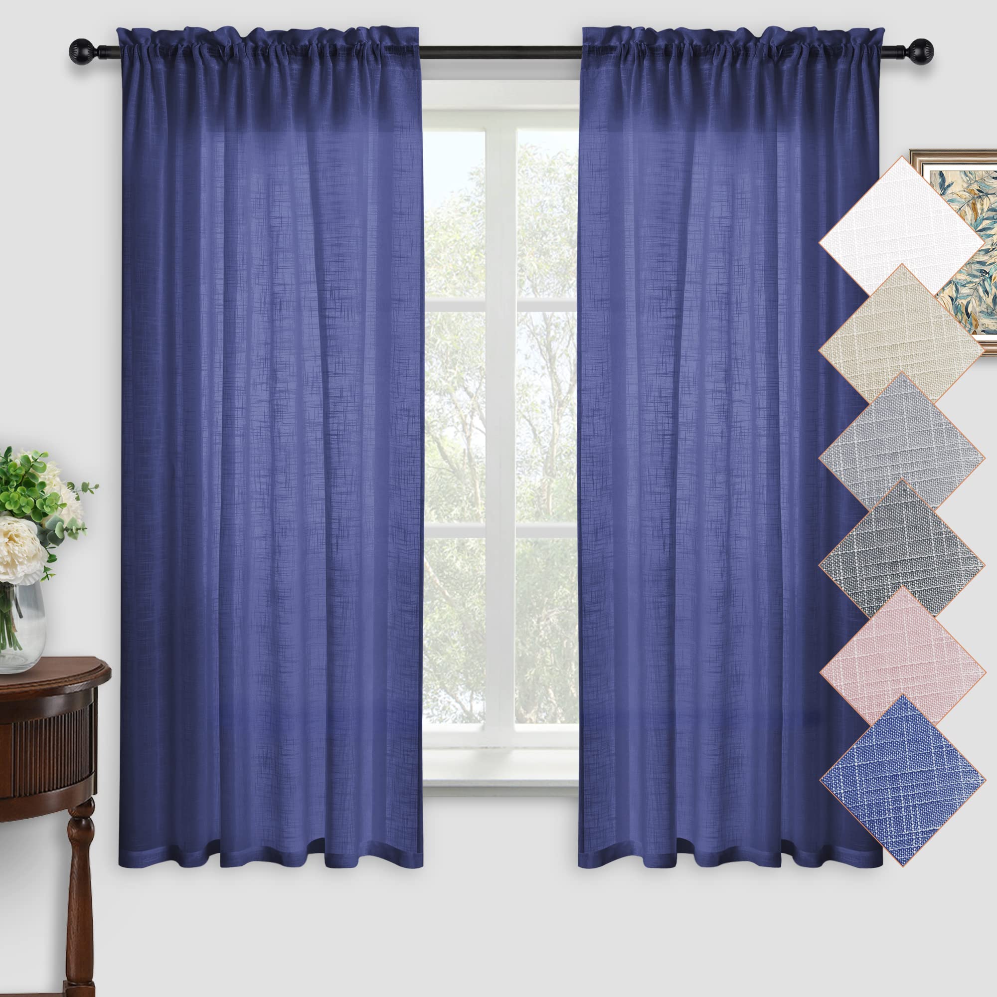 Kinryb Dark Blue Nature Faux Linen Sheer Curtains For Small Window Privacy Semi Transparent Light Filtering Rod Pocket Top Sheer