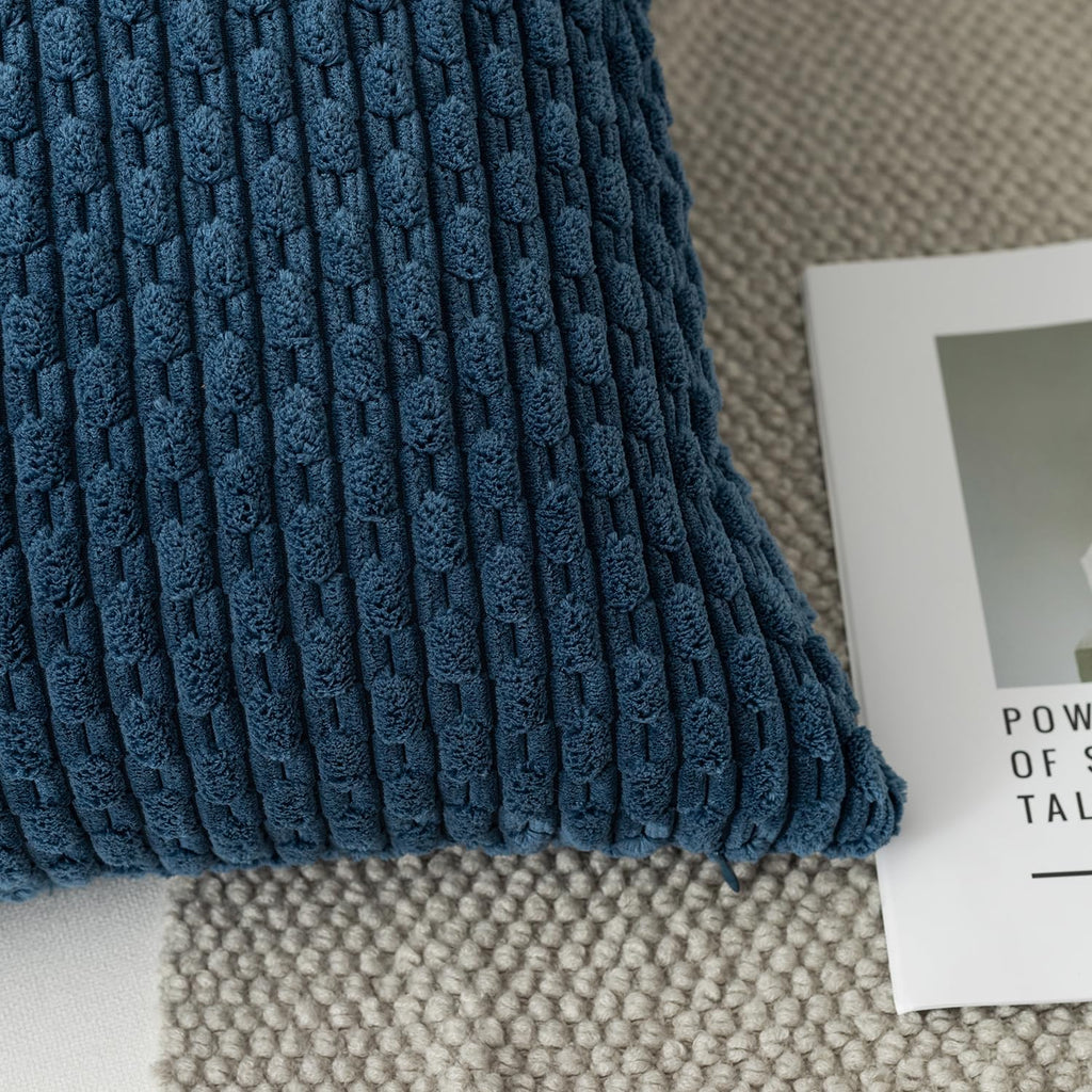 Kevin Textile Pack Of 2 Blue Corduroy Decorative Throw Pillow Covers 16X16 Inch Soft Boho Striped Pillow Covers Modern Farmhouse Home Decor For Autumn Sofa Living Room Couch Bed