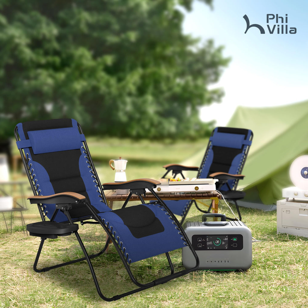 Phi Villa Xxl Oversized Padded Zero Gravity Chair, Foldable Patio Recliner, 30' Wide Seat Anti Gravity Lounger With Cup Holder, Set Of 2, Support 400 Lbs (Navy Blue)
