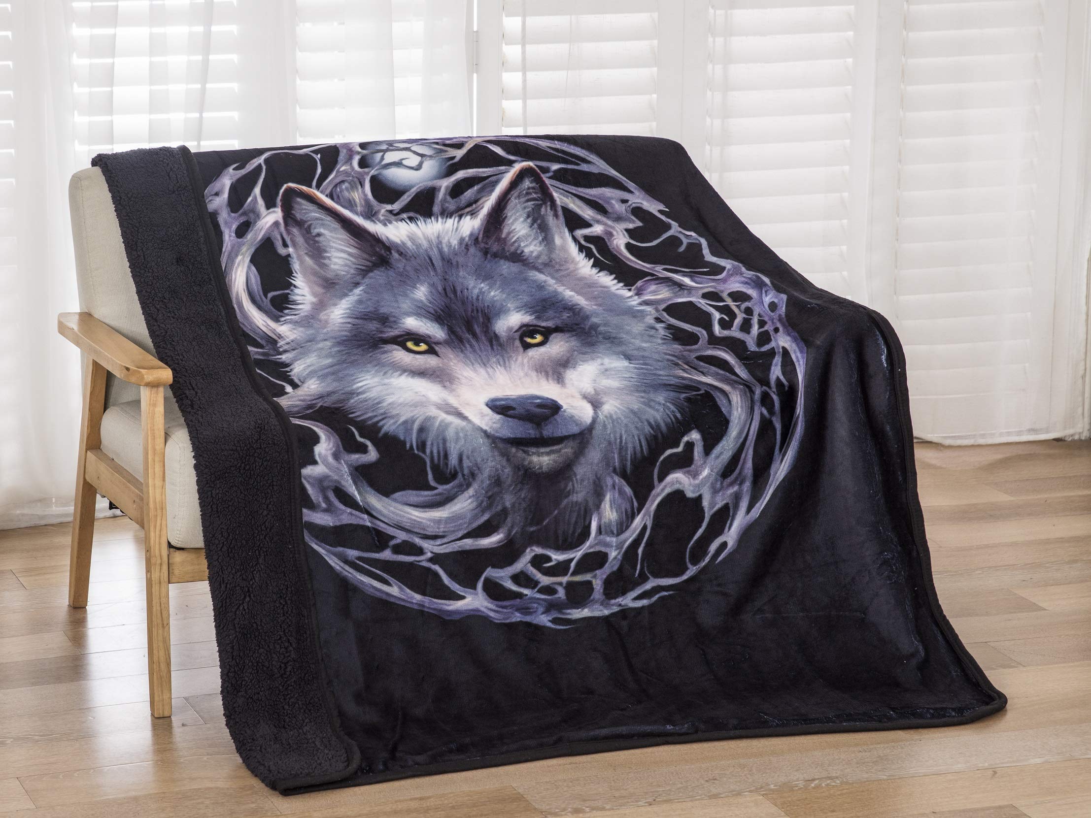Anne Stokes Signature Silk Touch Sherpa Lined Throw Blanket (Night Forest Wolf)