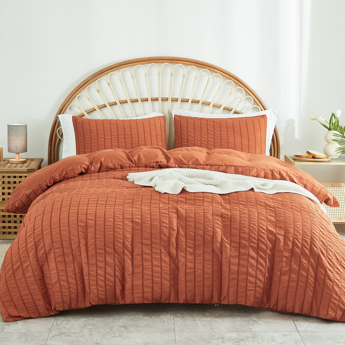 Avelom Terracotta Seersucker Duvet Cover Set King Size (104 X 90 Inches), 3 Pieces (1 Duvet Cover + 2 Pillow Cases), Ultra Soft Washed Microfiber, Textured Duvet Cover With Zipper Closure, Corner Ties