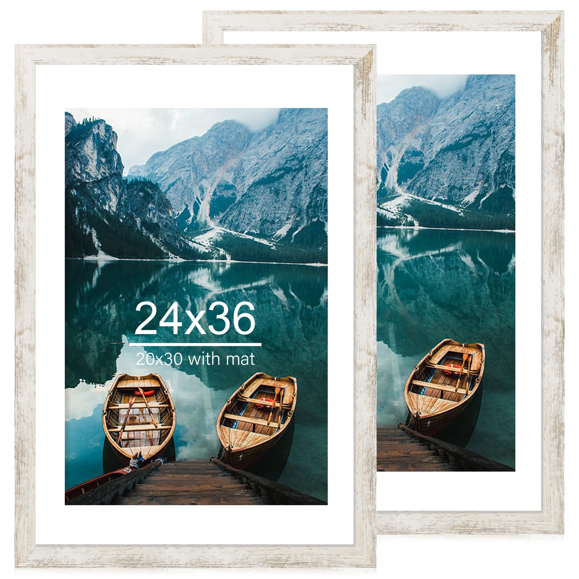 Hongkee 24x36 Poster Frame Set of 2, Distressed White Wood Style - Display 24 x 36 Poster without Mat or 20x30 Picture with Mat,