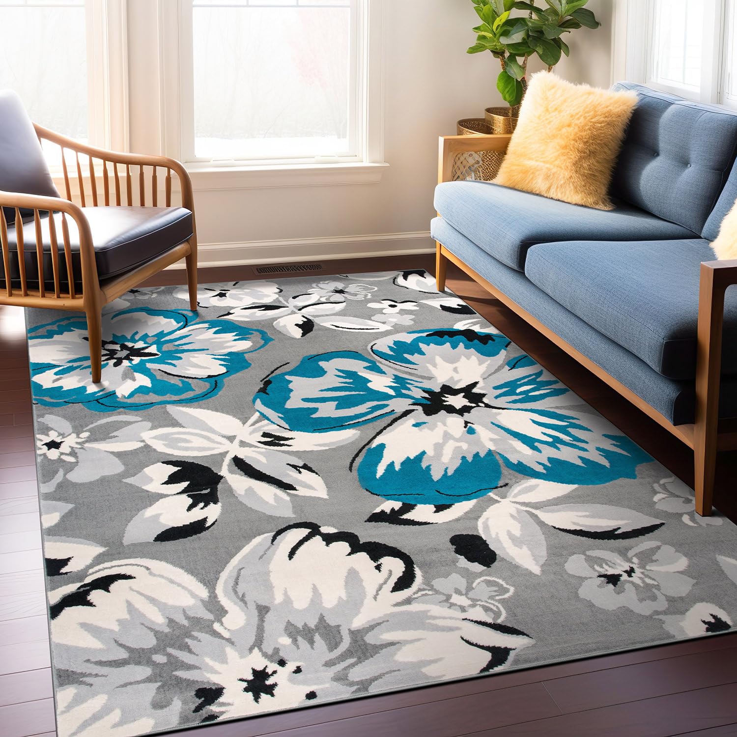 Rugshop Modern Floral Design Area Rug for Living Room,Bedroom,Home Office,Kitchen Non Shedding Area Rug 9 X 12 Blue