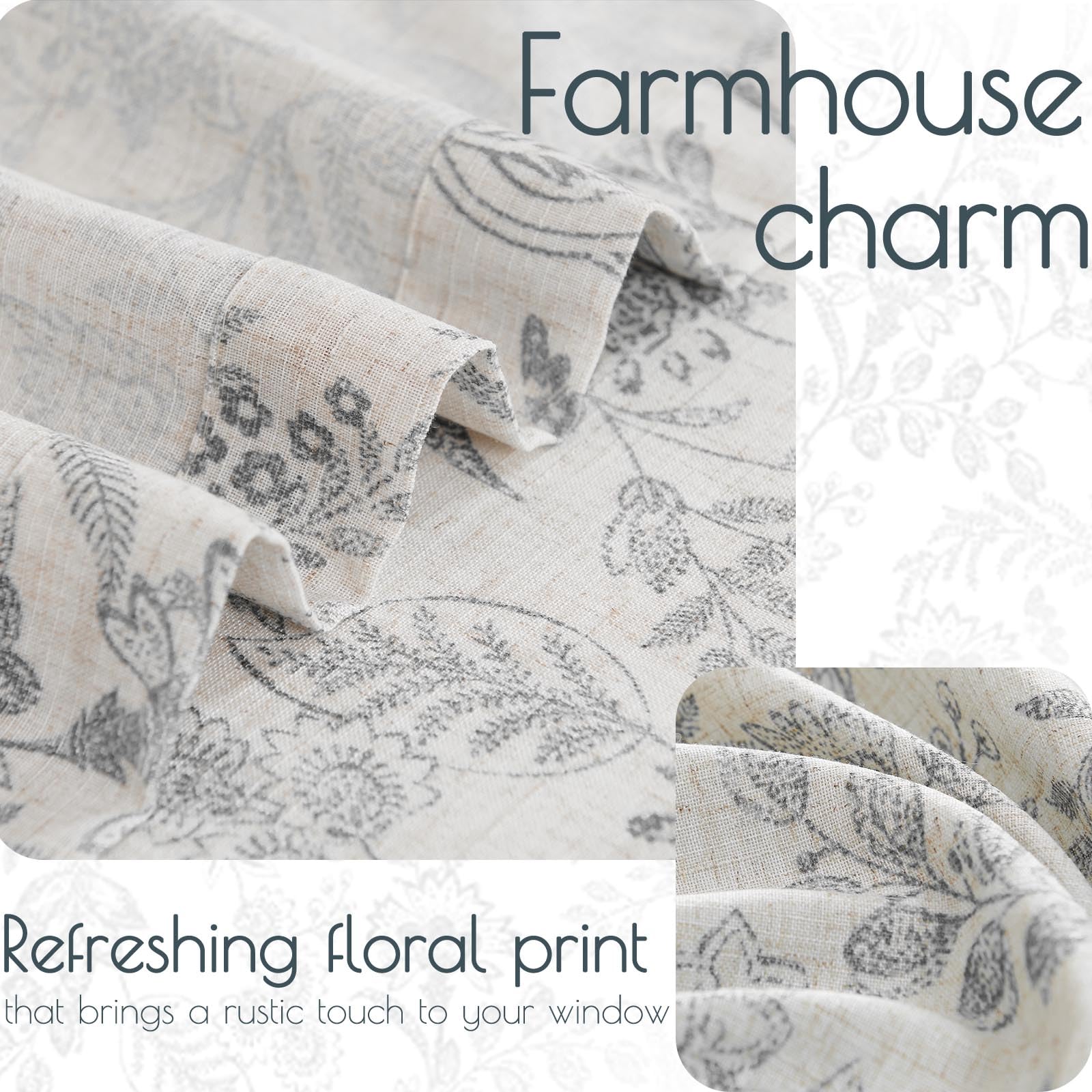 Jinchan Floral Kitchen Curtains 24 Inch Gray Linen Tier Curtains Farmhouse Cafe Curtains Country Botanic Small Window Curtains R