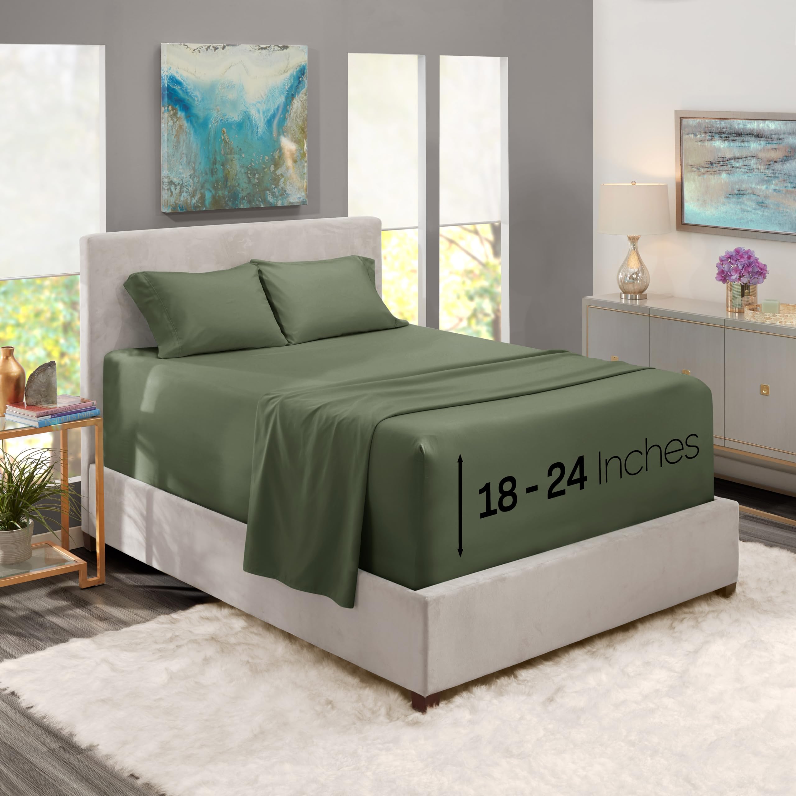 Nestl Extra Deep Pocket Sheets - Fits Mattress 18-24 Inches Deep, Extra Deep Pocket Twin Sheets Sets, 3 Piece Twin Size Sheets, Twin Sheets Deep Pocket, Olive Green Sheets