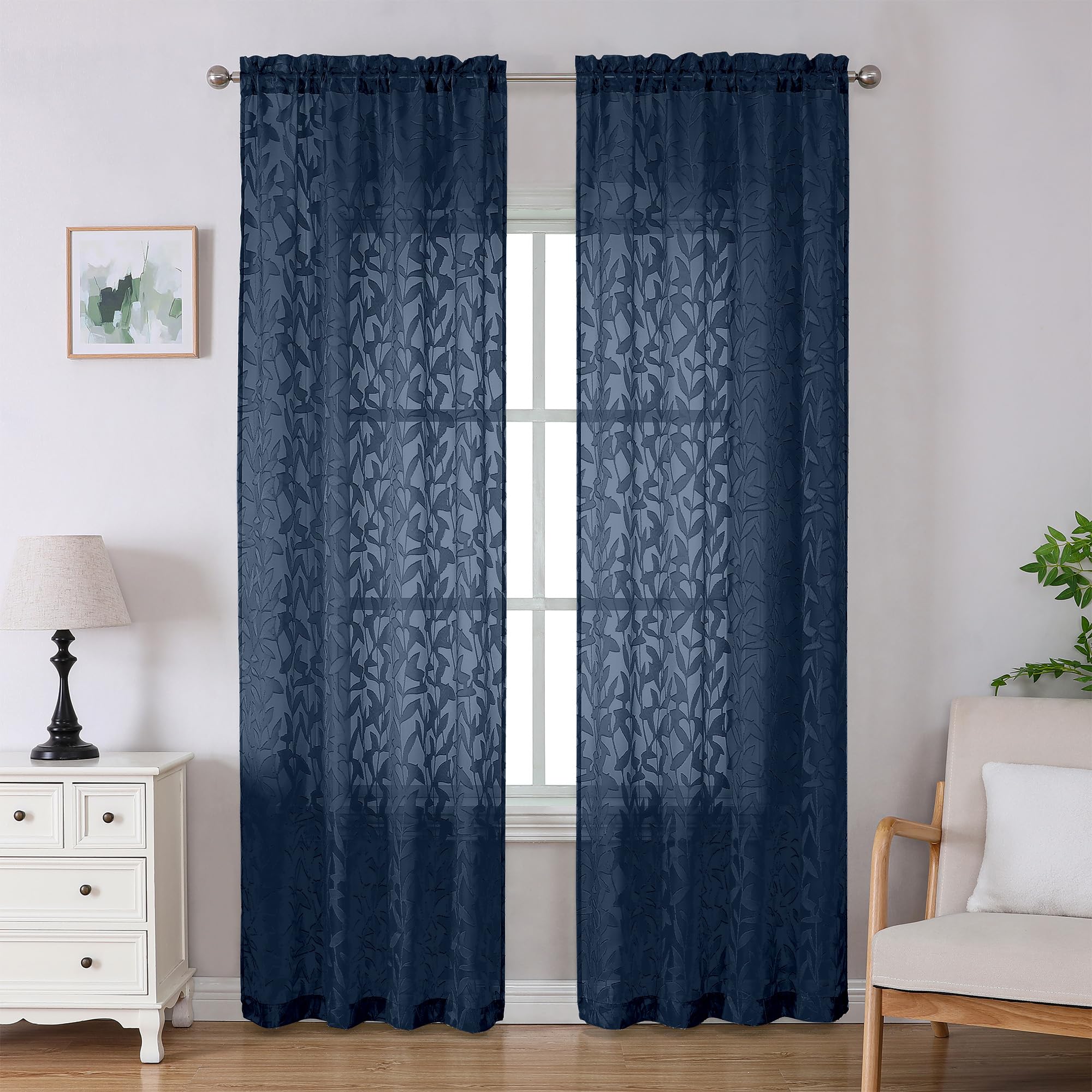 Lecloud Leia Jacquard Textured Navy Blue Sheer Curtains 96 Inches Long 2 Panels, French Door/Living Room/Bedroom Curtain With Du