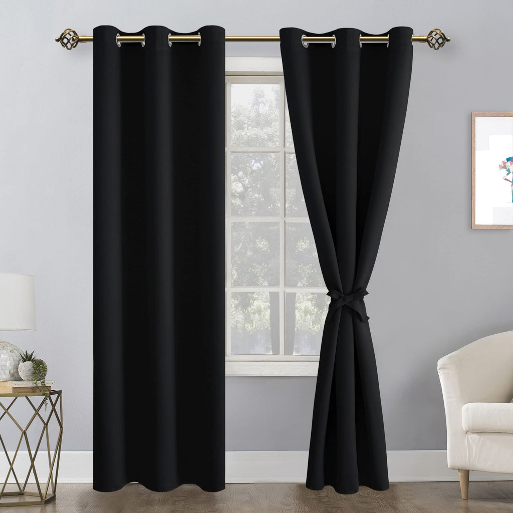 Hiasan Blackout Curtains For Bedroom, 38 X 84 Inches Long - Thermal Insulated & Light Blocking Window Curtains For Living Room, 2 Drape Panels Sewn With Tiebacks, Black