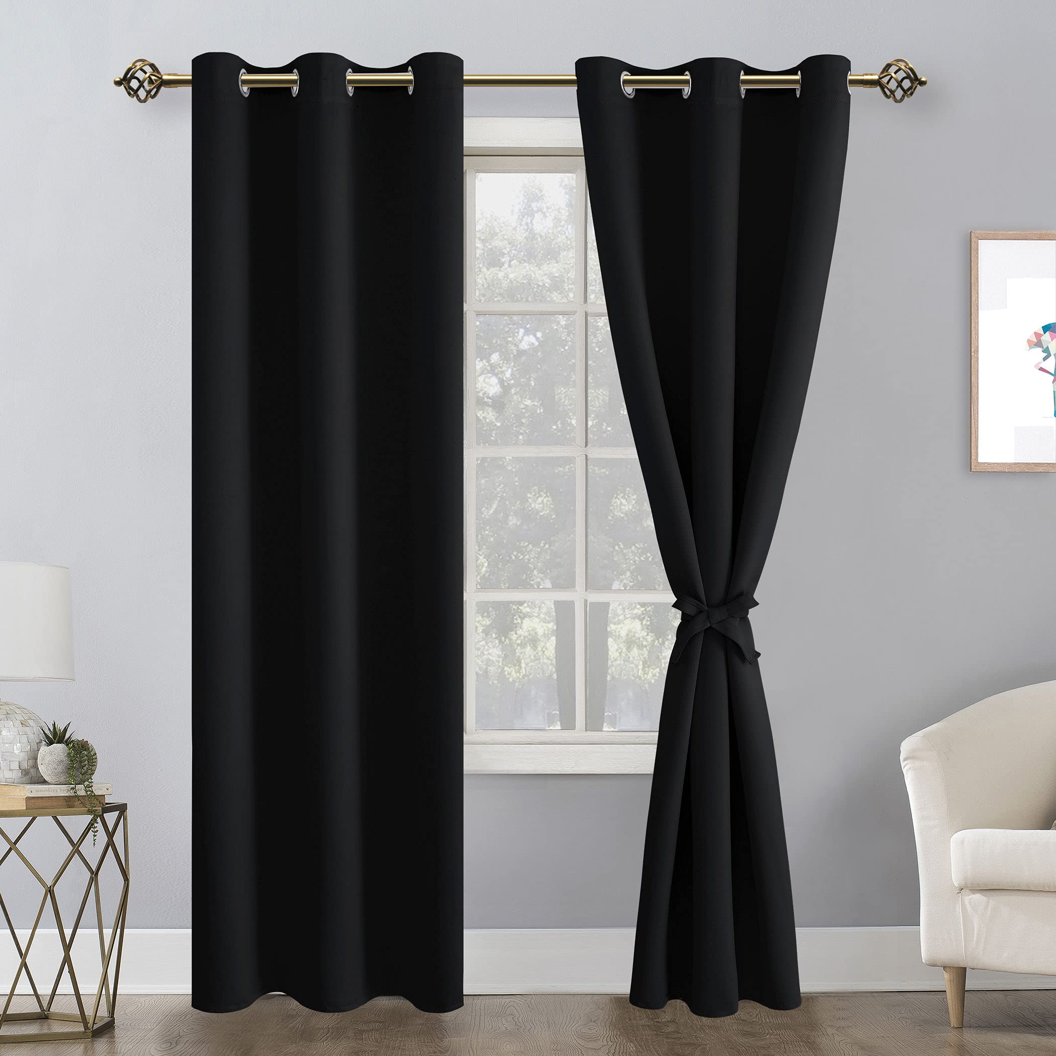 Hiasan Blackout Curtains For Bedroom, 38 X 84 Inches Long - Thermal Insulated & Light Blocking Window Curtains For Living Room, 2 Drape Panels Sewn With Tiebacks, Black