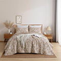 Shalala Floral Quilt Set Queen Size, Khaki Reversible Quilt Bedding Sets With Pillow Shams, 3 Pieces Printed Bedspread Coverlet