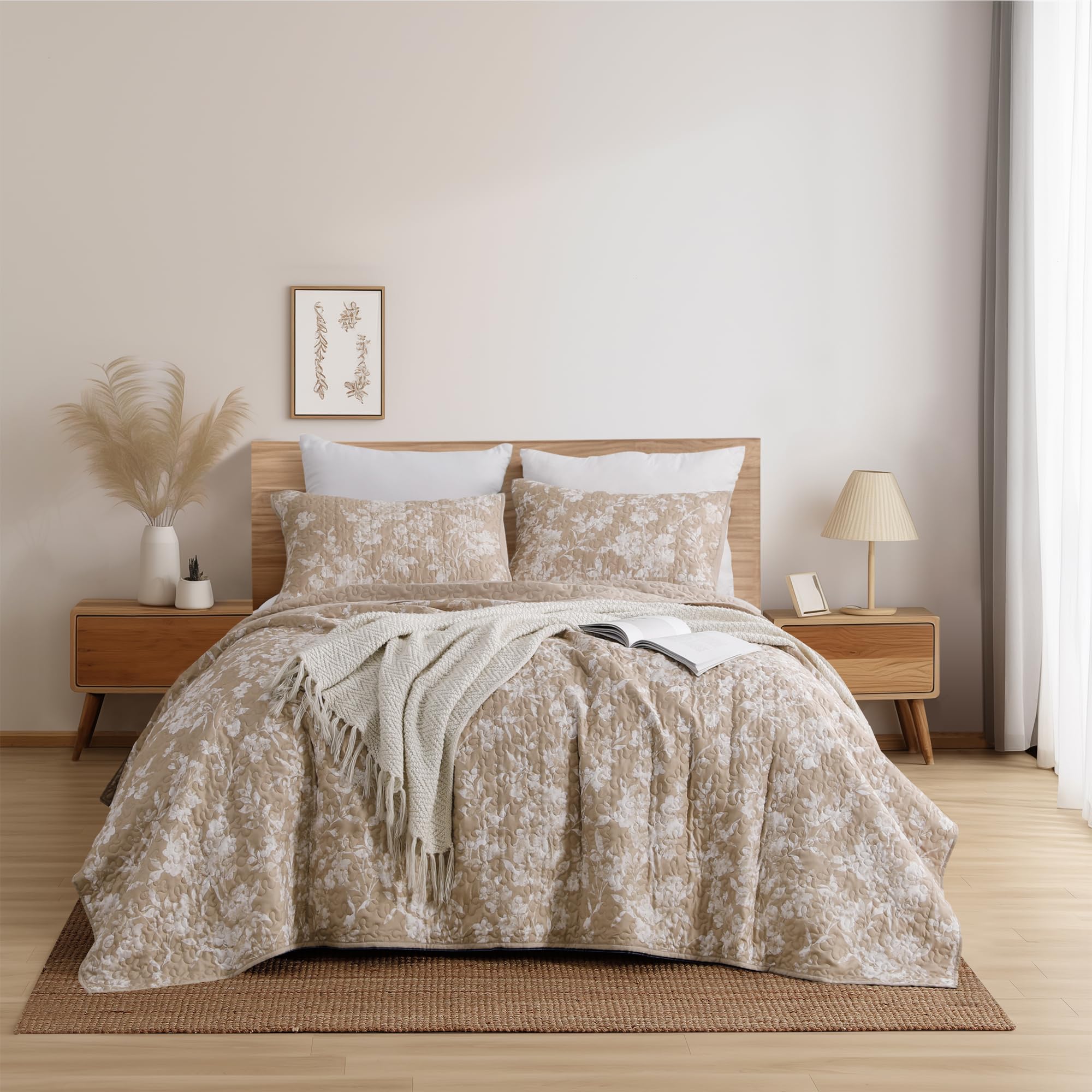 Shalala Floral Quilt Set Queen Size, Khaki Reversible Quilt Bedding Sets With Pillow Shams, 3 Pieces Printed Bedspread Coverlet