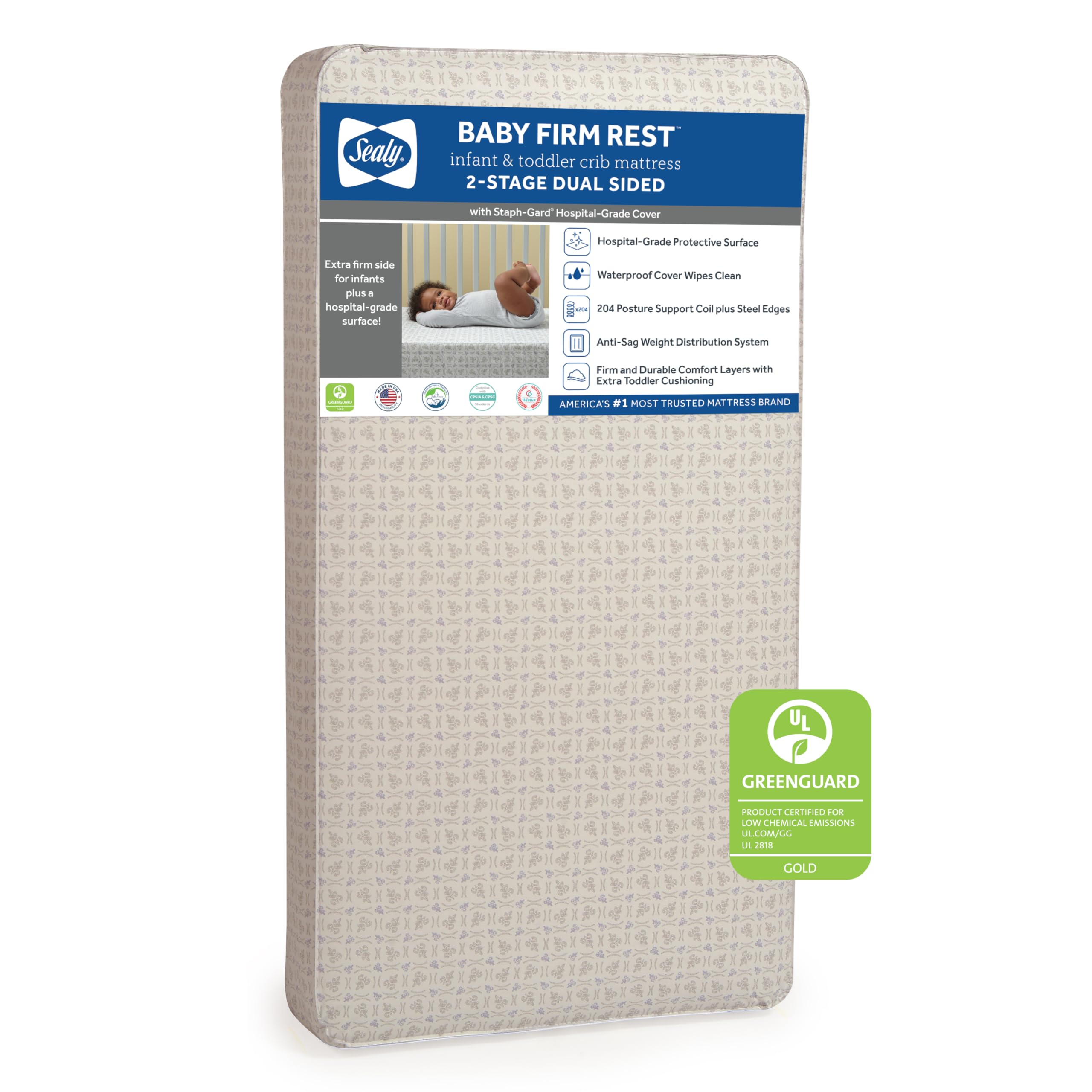 Sealy Baby Firm Rest Antibacterial 2 Stage Waterproof Crib Mattress Plus Toddler Bed Fit, 204 Steel Coils, Non Toxic, Greenguard