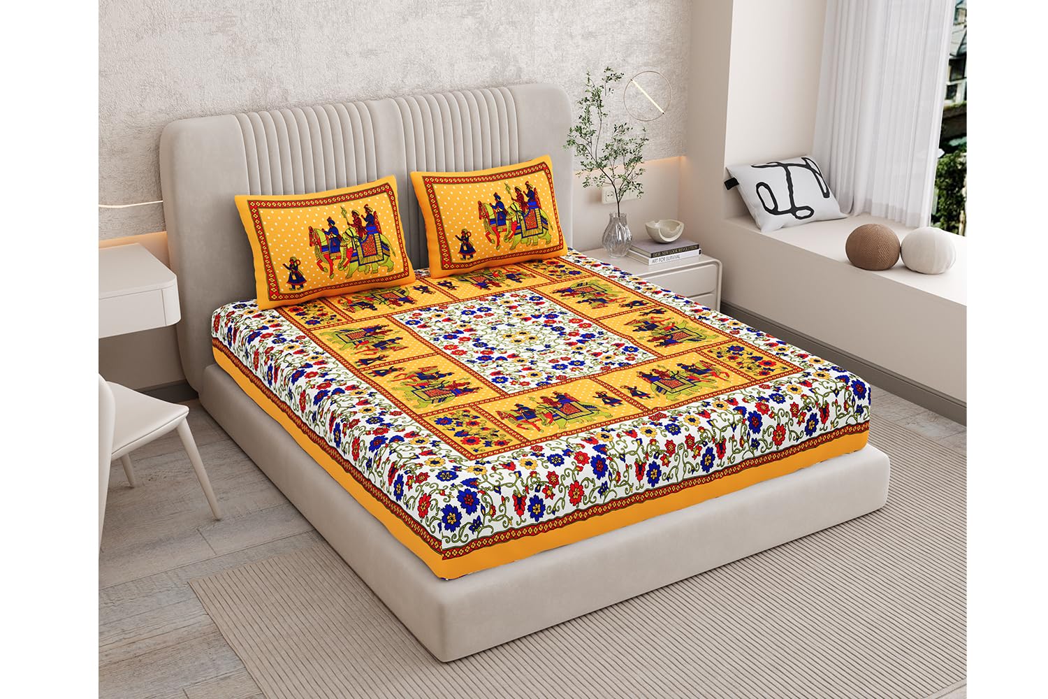 Monique Brand Queen Size 100% Comfort Cotton Double Bedsheet With 2 Pillow Covers Rajasthani Jaipuri Traditional Bedsheets For D