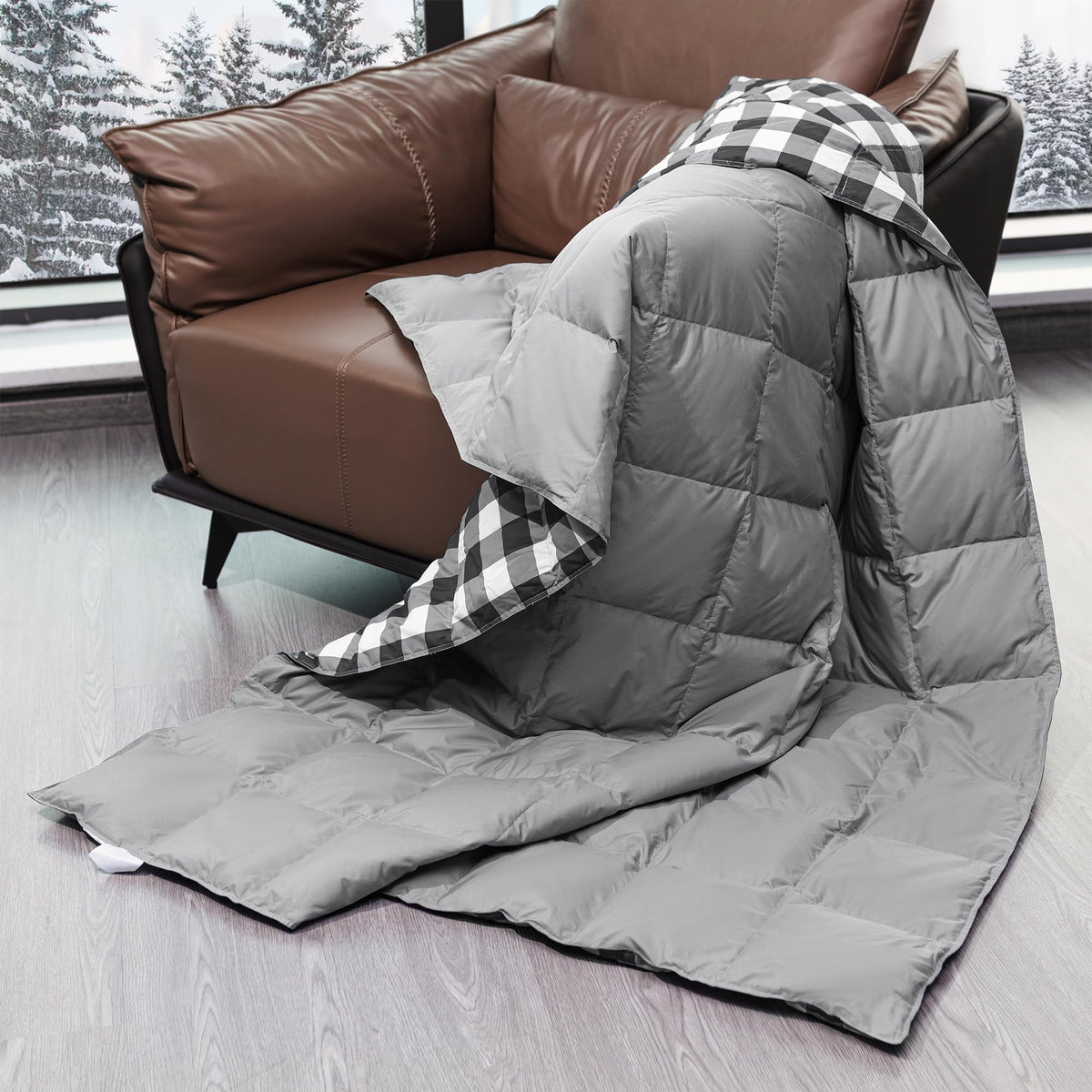 puredown Checkered Feather Down Throw Blanket Lightweight Packable Buffalo Plaid Throw for Indoor and Outdoor Use, 50''X70'', Bl