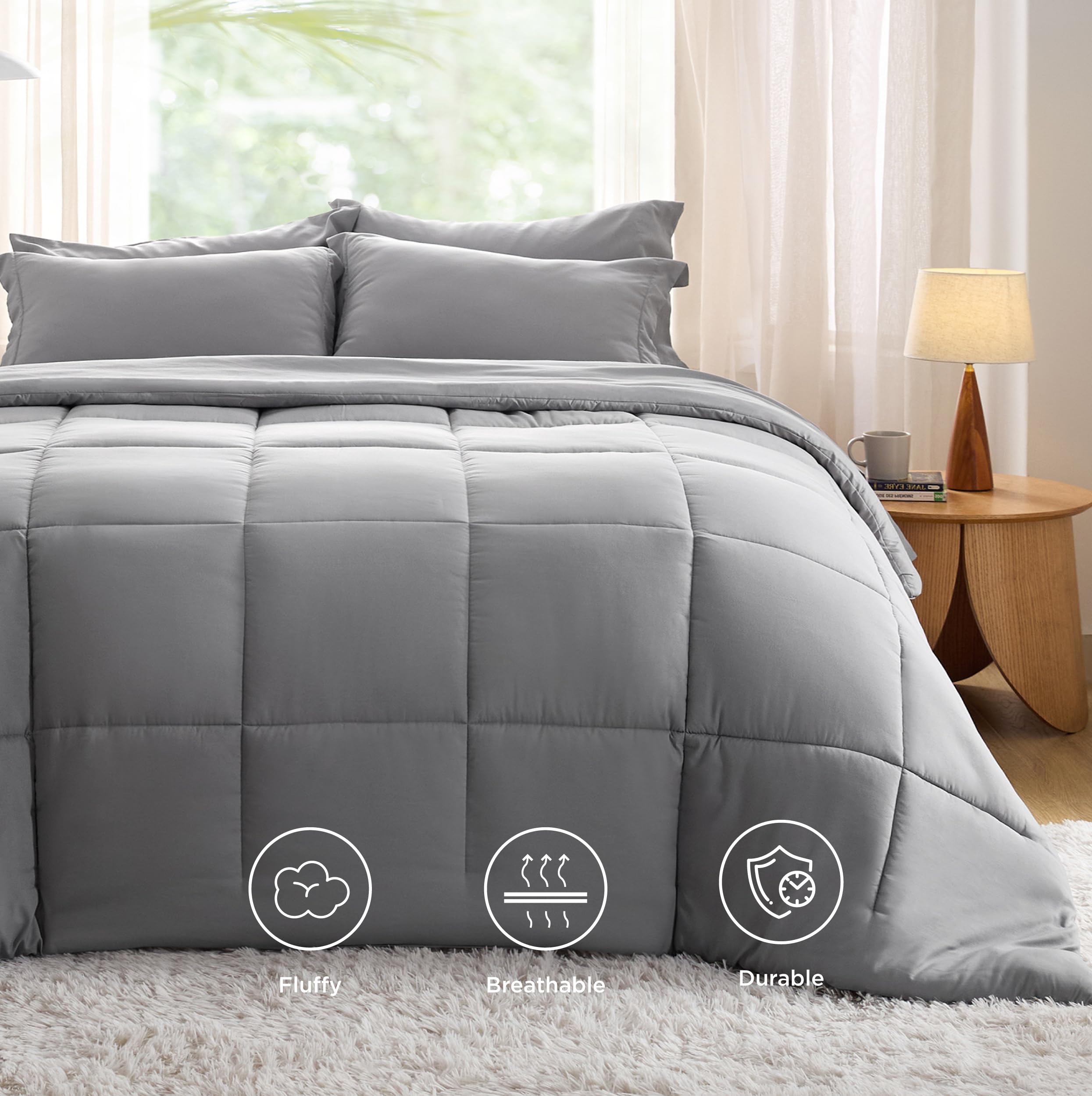 Bedsure Grey Comforter Set Full - 7 Pieces Solid Bed In A Bag, Full Bed Set With Comforter, Sheets, Pillowcases & Shams