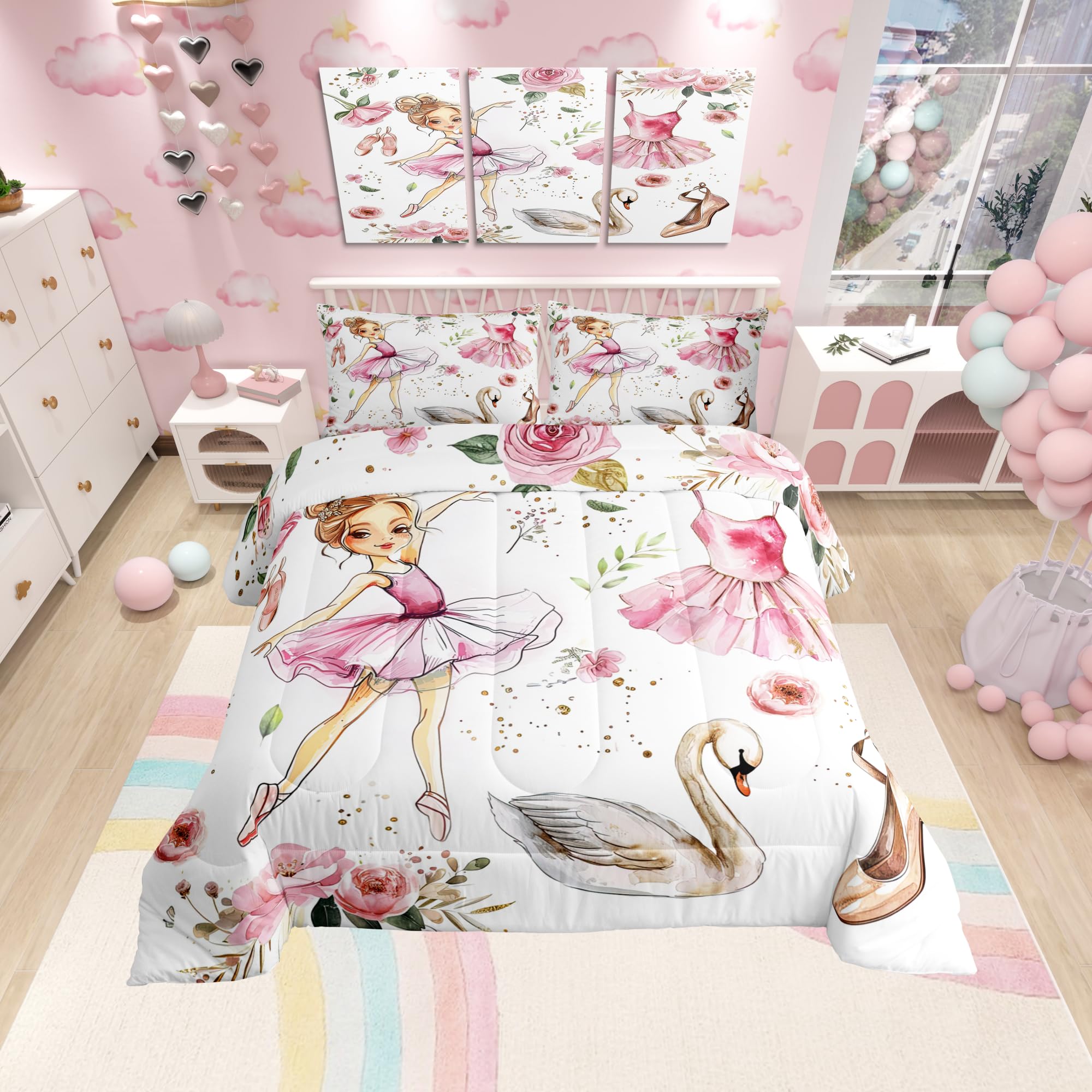 Manfei Ballet Dance Girl 3 Pcs Queen Size Comforter Set,Pink Dancing Dress Shoes Down Alternative Bedroom Decor,Elegant Swan Wat