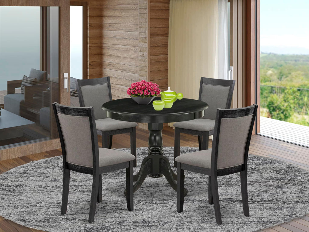 East West Furniture ANMZ5-AB6-50 5 Piece Dinette Set Includes a Round Kitchen Table with Pedestal and 4 Dark Gotham Grey Linen Fabric Parson Dining Room Chairs, 36x36 Inch, Wirebrushed Black