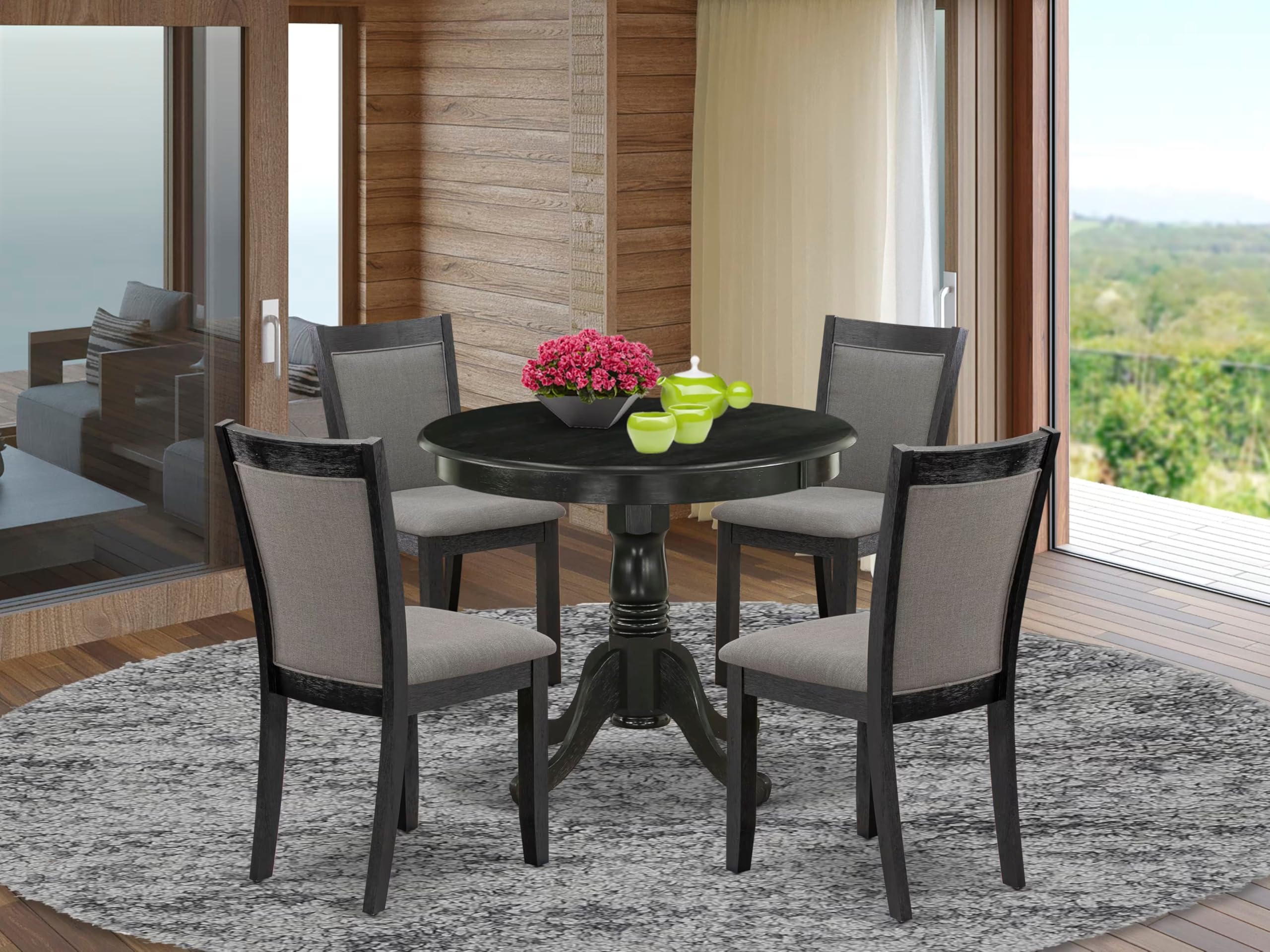 East West Furniture ANMZ5-AB6-50 5 Piece Dinette Set Includes a Round Kitchen Table with Pedestal and 4 Dark Gotham Grey Linen Fabric Parson Dining Room Chairs, 36x36 Inch, Wirebrushed Black