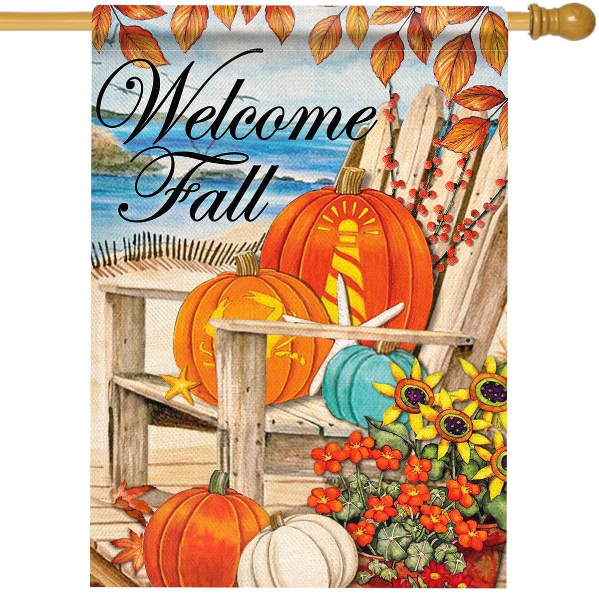 Hzppyz Welcome Fall Beach Decorative Large House Flag Double Sided Autumn Blue White Pumpkin Coastal Ocean Garden Yard Outdoor D