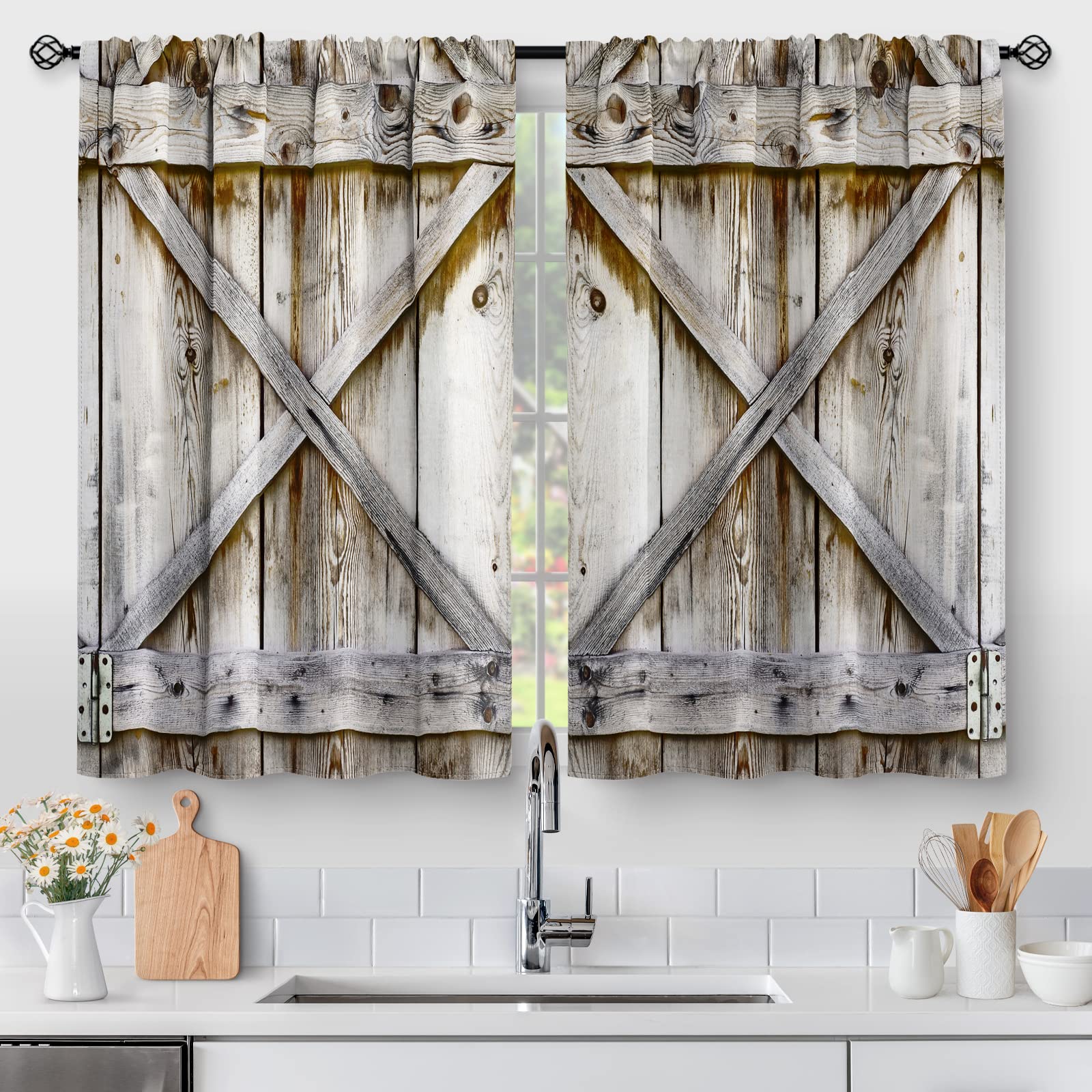 Aimego Farmhouse Country Wood Kitchen Curtains - Wooden Barn Door Vintage Short Tier Curtains Over Sink Natural Rustic Farm Deco