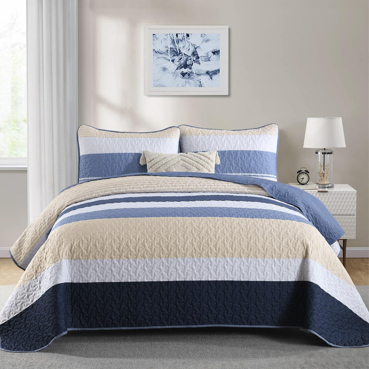 Dinjoy Blue King Size Quilt Set,Boho Summer Bedspread Beige Striped Lightweight Bedding Set Micofiber 3 Pieces Coverlet Quilts F