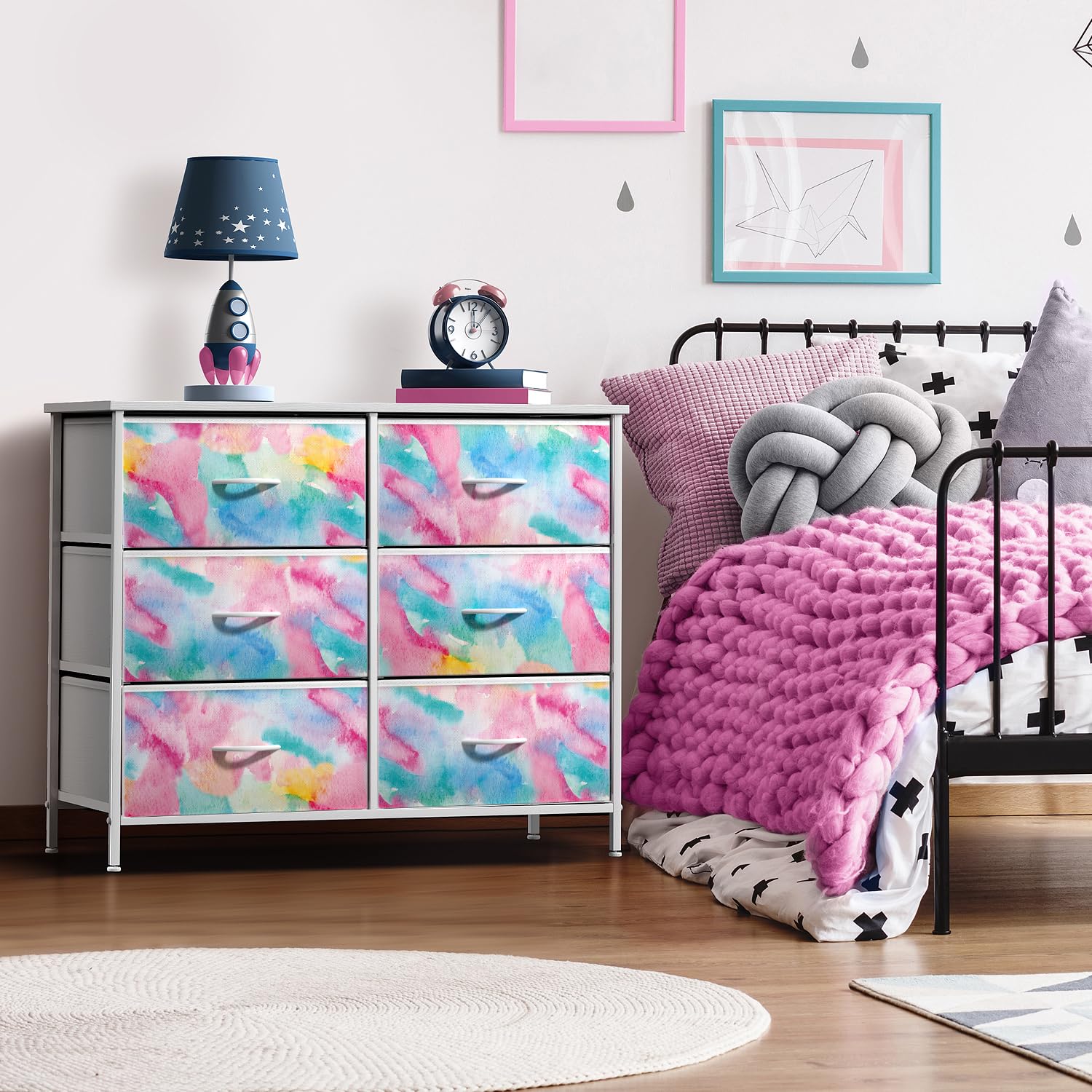 Sorbus Kids Dresser With 6 Drawers - Storage Chest Organizer Nightstand - Steel Frame, Wood Top, Tie-Dye Fabric Bins For Clothes - Wide Furniture For Bedroom, Hallway, Nursery, Closet, & Apartment