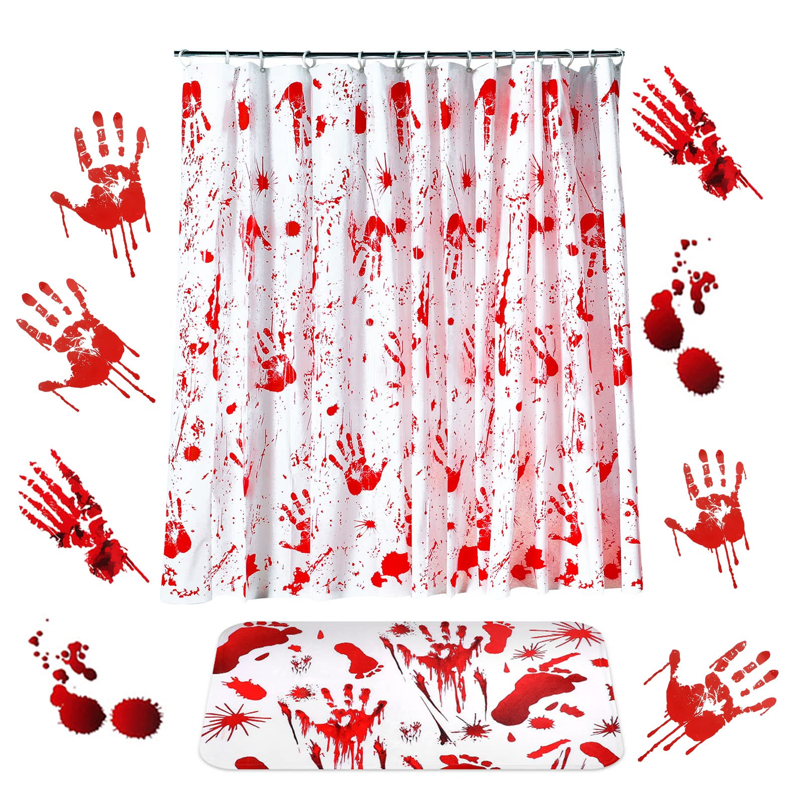 6 Pieces Halloween Bloody Handprint Footprint Shower Curtain Set Include Bloody Shower Curtain Bloody Handprint Door Mat and Hal