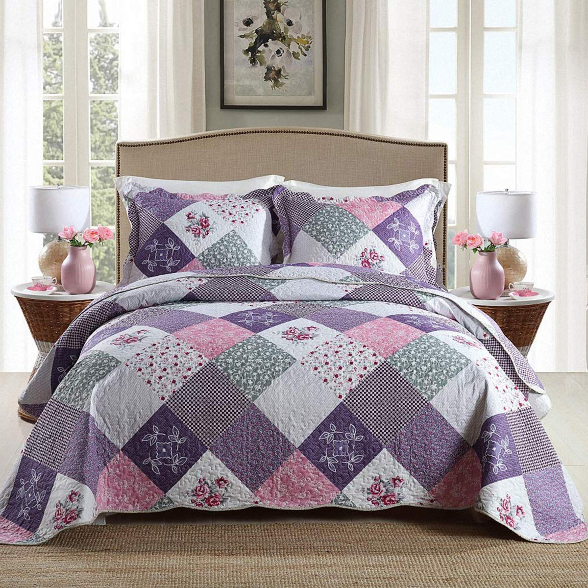 Newlake Quilt Bedspread Sets-Floral Checkered Pattern Reversible Coverlet Set,King Size