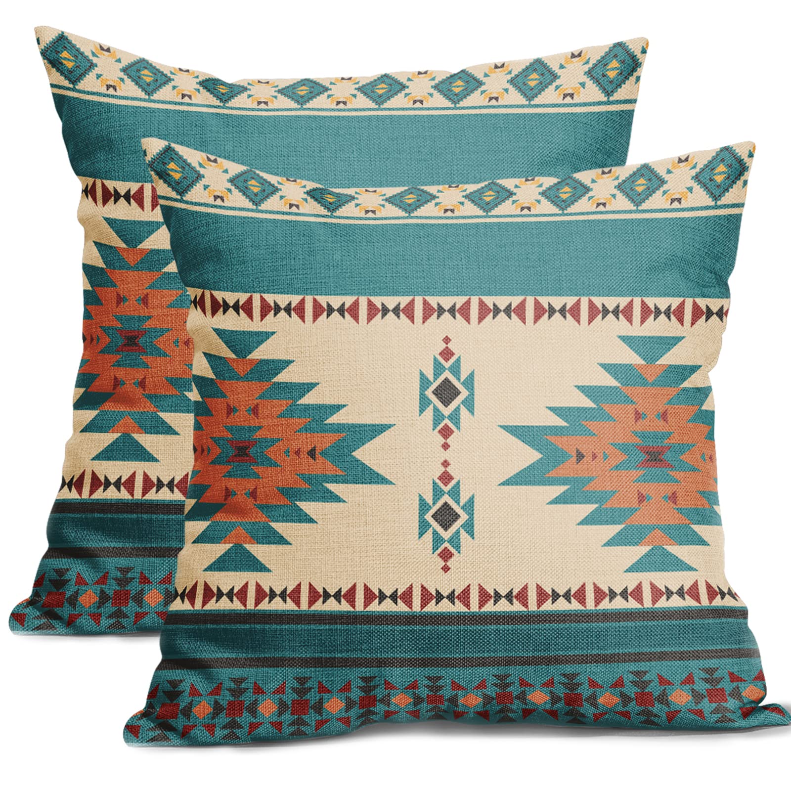 Kawani Western Throw Pillow Covers 18X18 Inch Vintage Turquoise Set Of 2 Southwestn Aztec Decorative Pillows Linen Cushion Cover