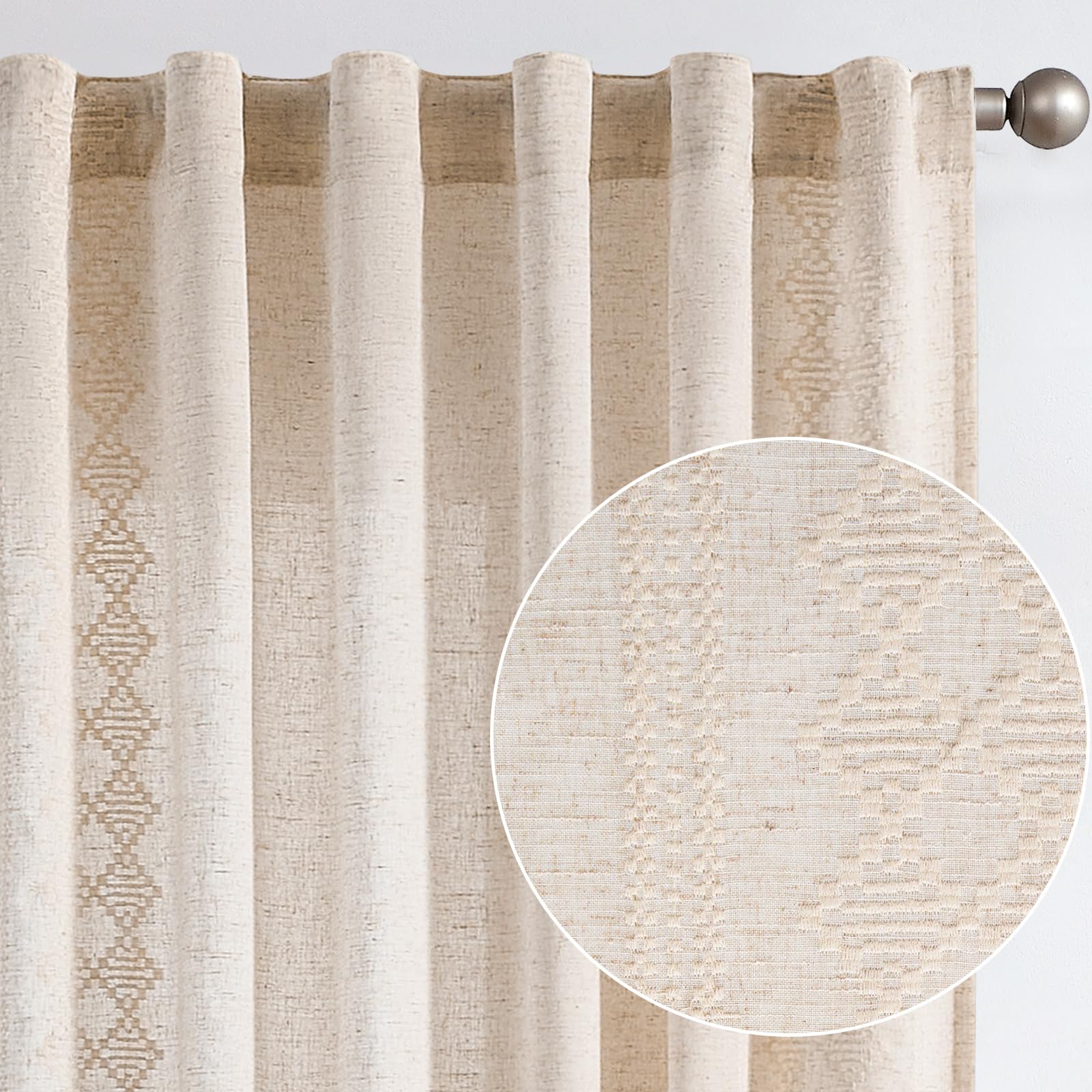 Jinchan Boho Curtains Linen Curtains Ivory Farmhouse Curtains 63 Inches Long For Bedroom Square Embroidered Bordered Back Tab Li