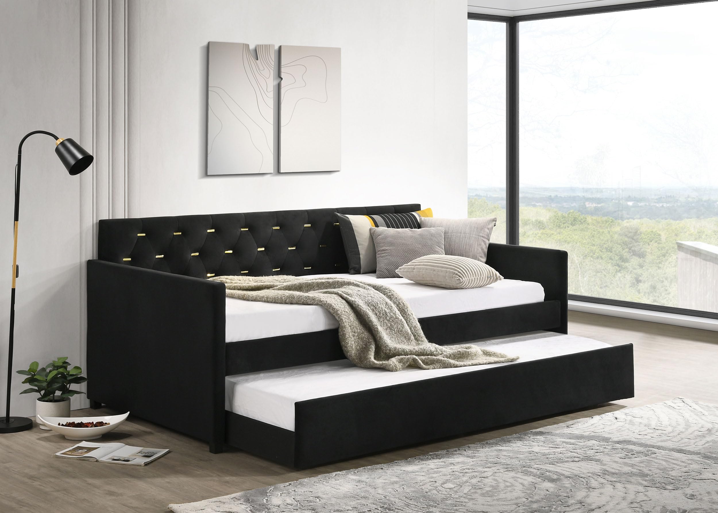 Coaster Home Furnishings Kendall Modern Twin Size Upholstered Daybed with Trundle Tufted Headboard Velvet Upholstery Guest Room Bed Frame Black 300826