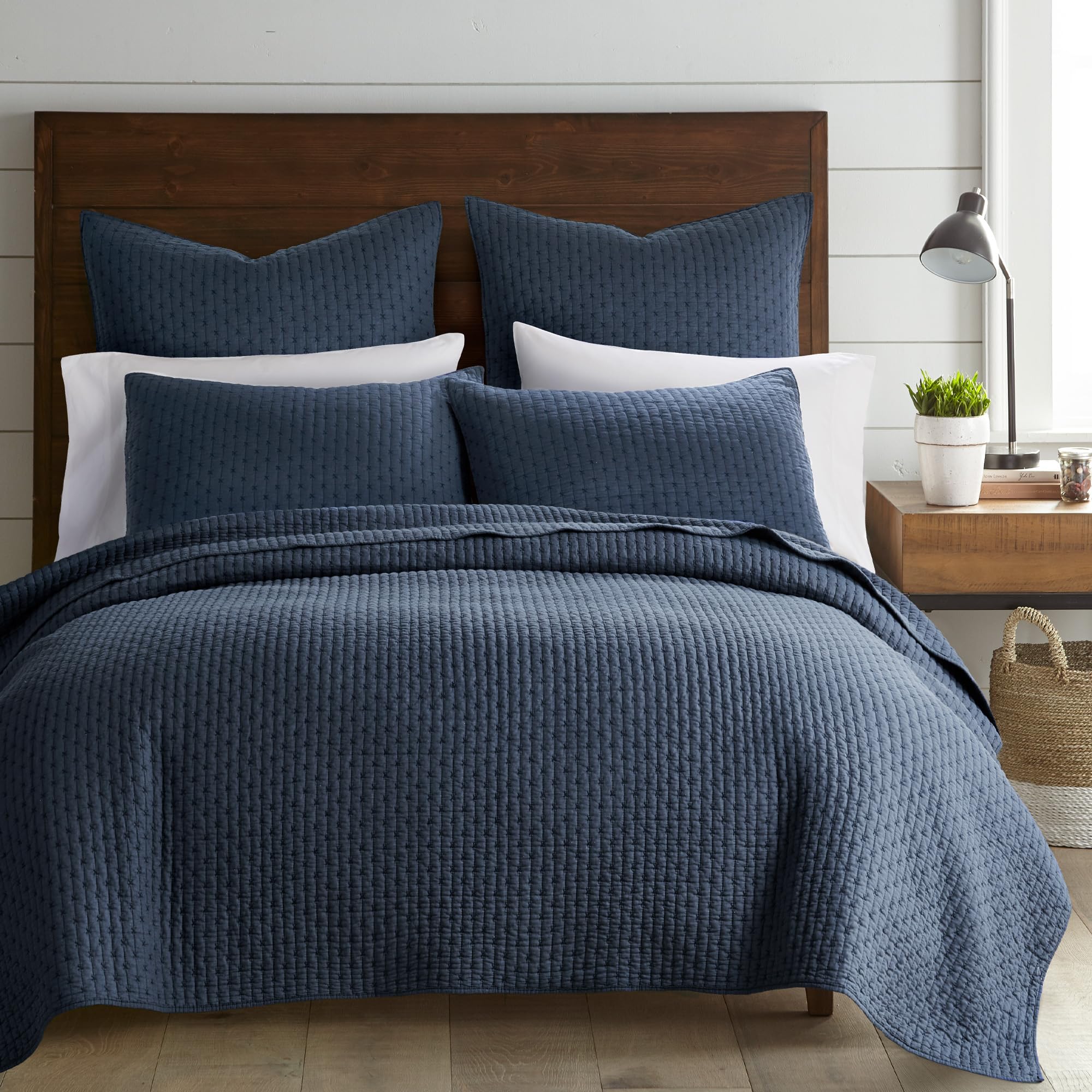 Levtex Home - Cross Stitch Navy Quilt Set - 100% Cotton - Full/Queen Quilt (88X92In.) + 2 Standard Shams (26X20In.) - Reversible