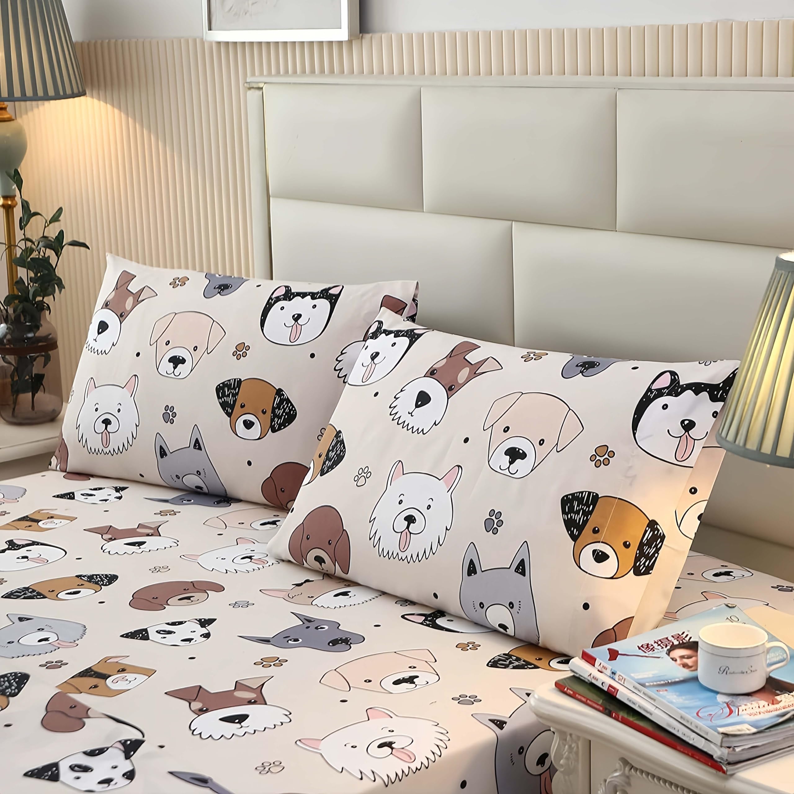 Sdy 4Pcs Dog Bedding Sheets Set Twin Size, Cute Puppy Pattern Fitted Sheet Sets With Deep Pocket, Kawaii Bedroom Decor For Kids,