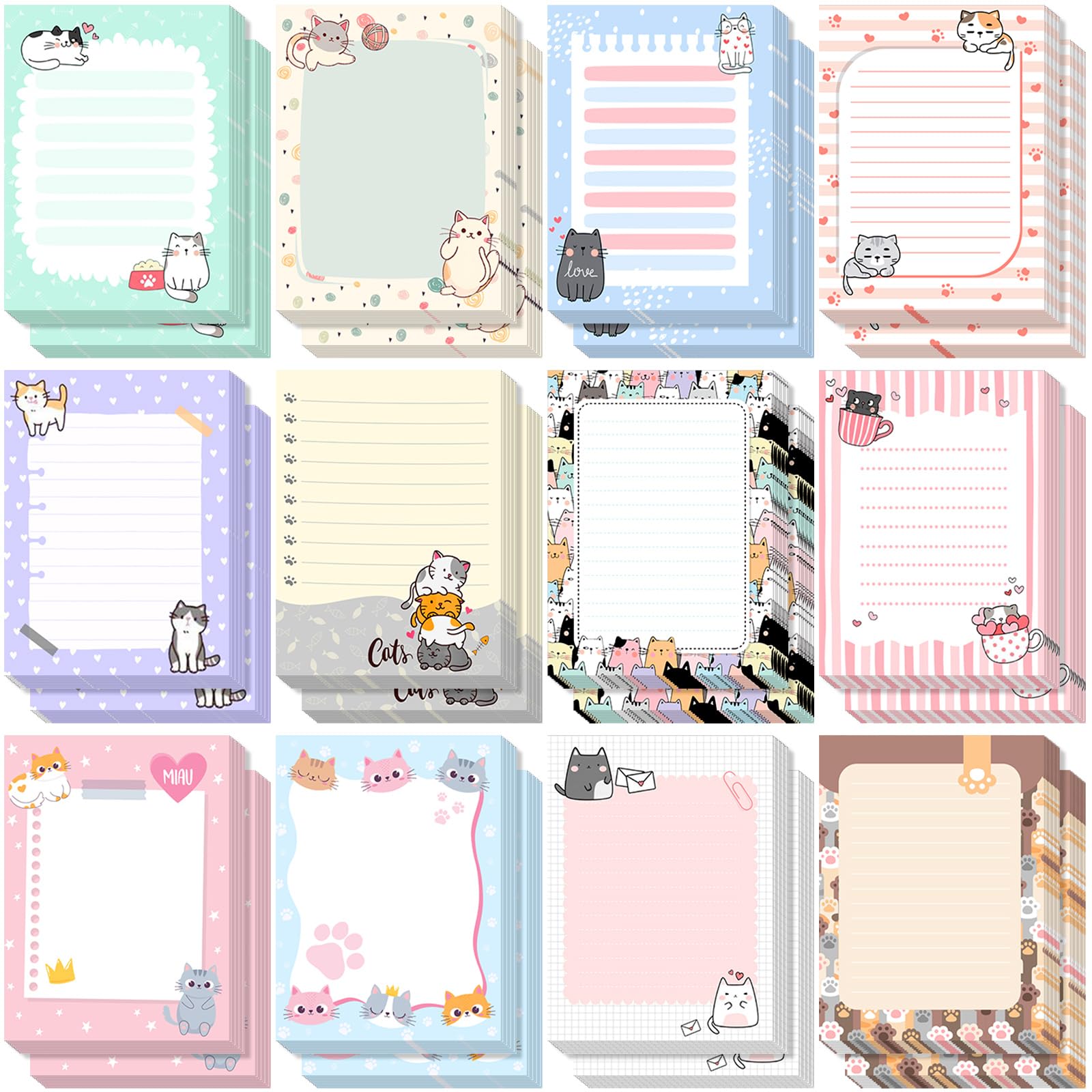 Gilprop 24 Pack Cute Cat Sticky Notes 3x4 Inch Cute Self Stick Notepads Adhesive Cartoon Cat Memo Pad for Women Office Decor Gif