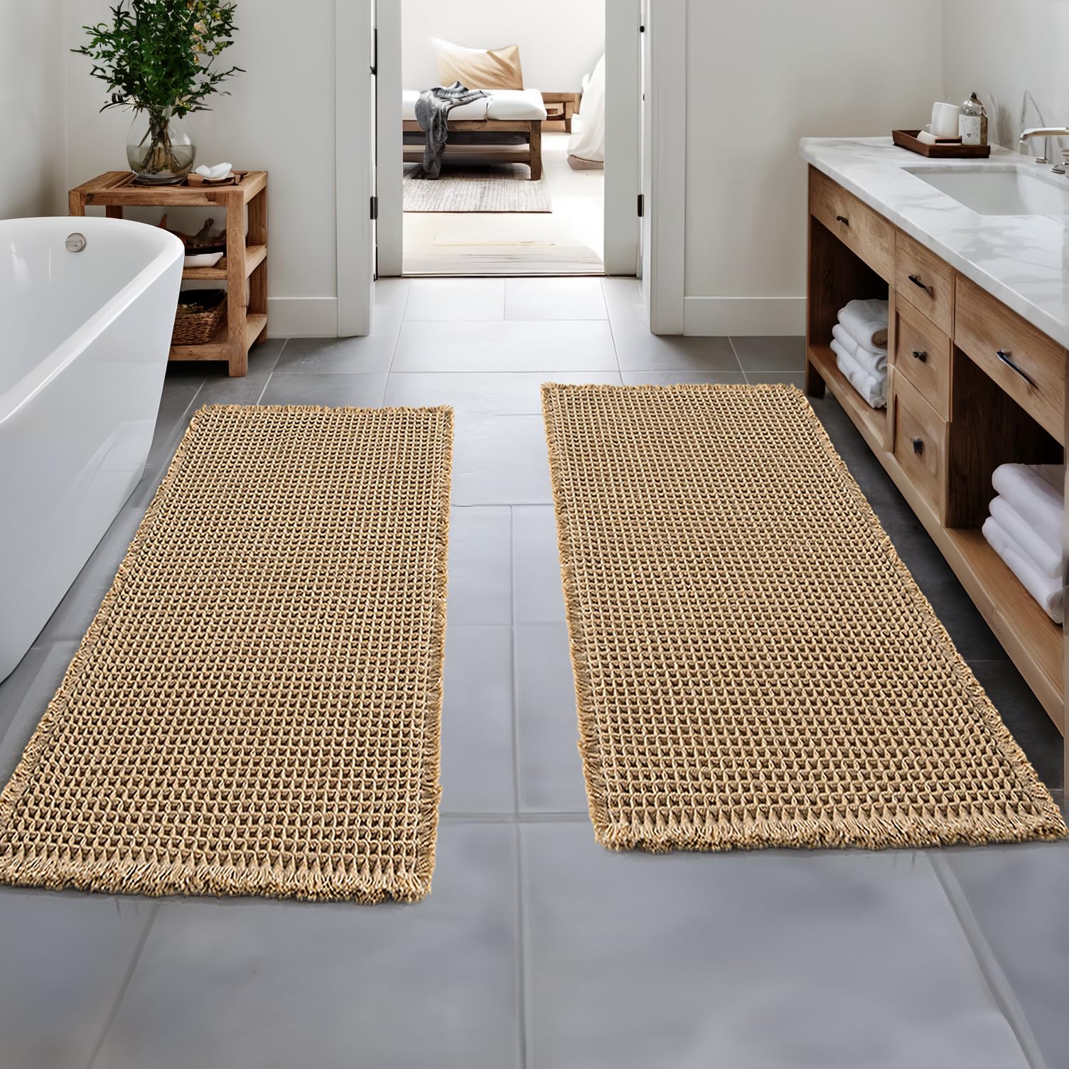 MIULEE Set of 2 Waffle Bathroom Runner Rugs, Boho Bath Rugs Non Slip Washable, Super Absorbent Runner Bath Mats, Rubber Backed S