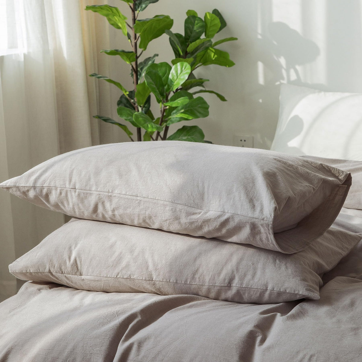 Moomee Bedding Pillowcases Pack Of 2 100% Washed Cotton Linen Like Textured Breathable Durable Soft Comfy (Brownish Grey, King)