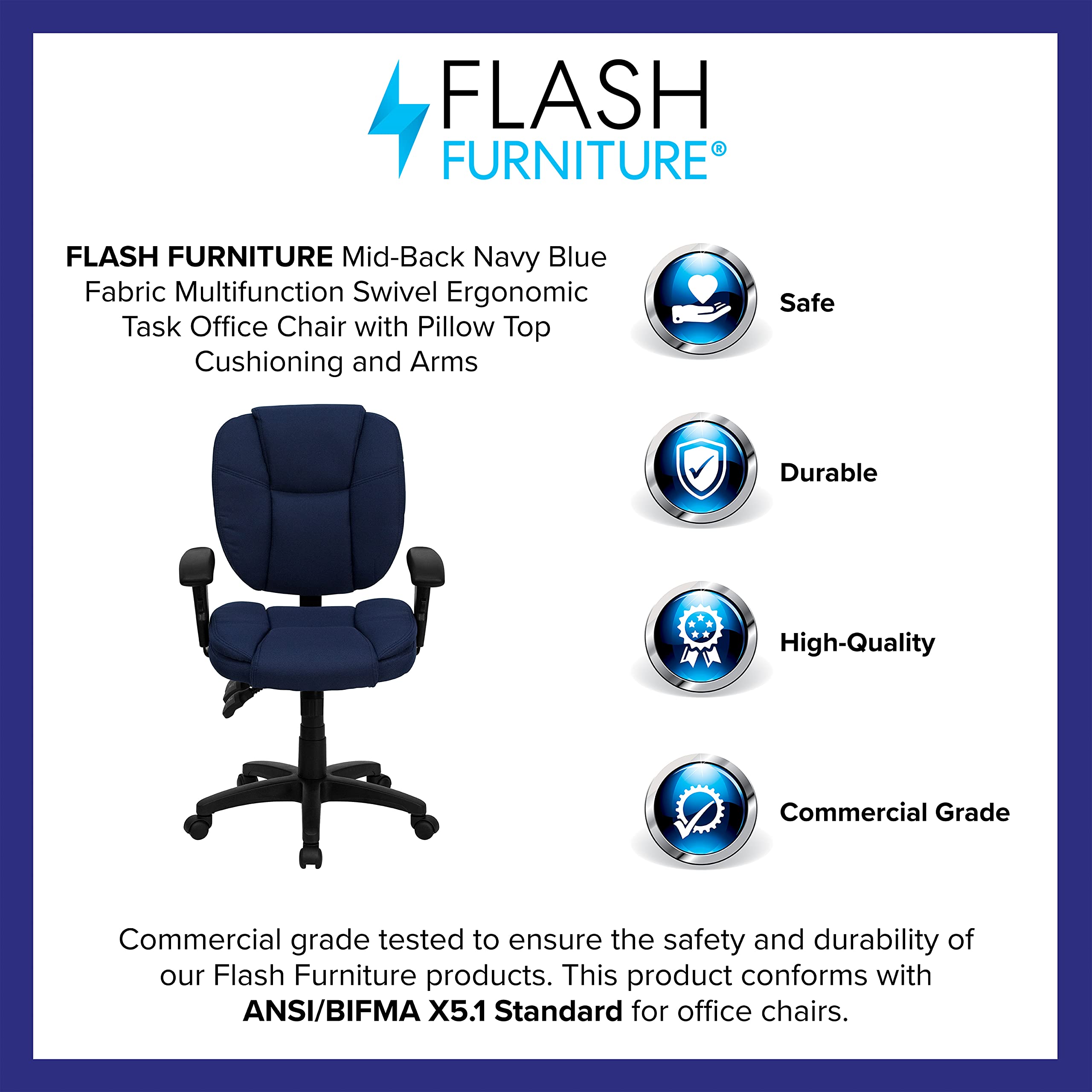 Flash Furniture Caroline Mid-Back Navy Blue Fabric Multifunction Swivel Ergonomic Task Office Chair with Pillow Top Cushioning and Arms