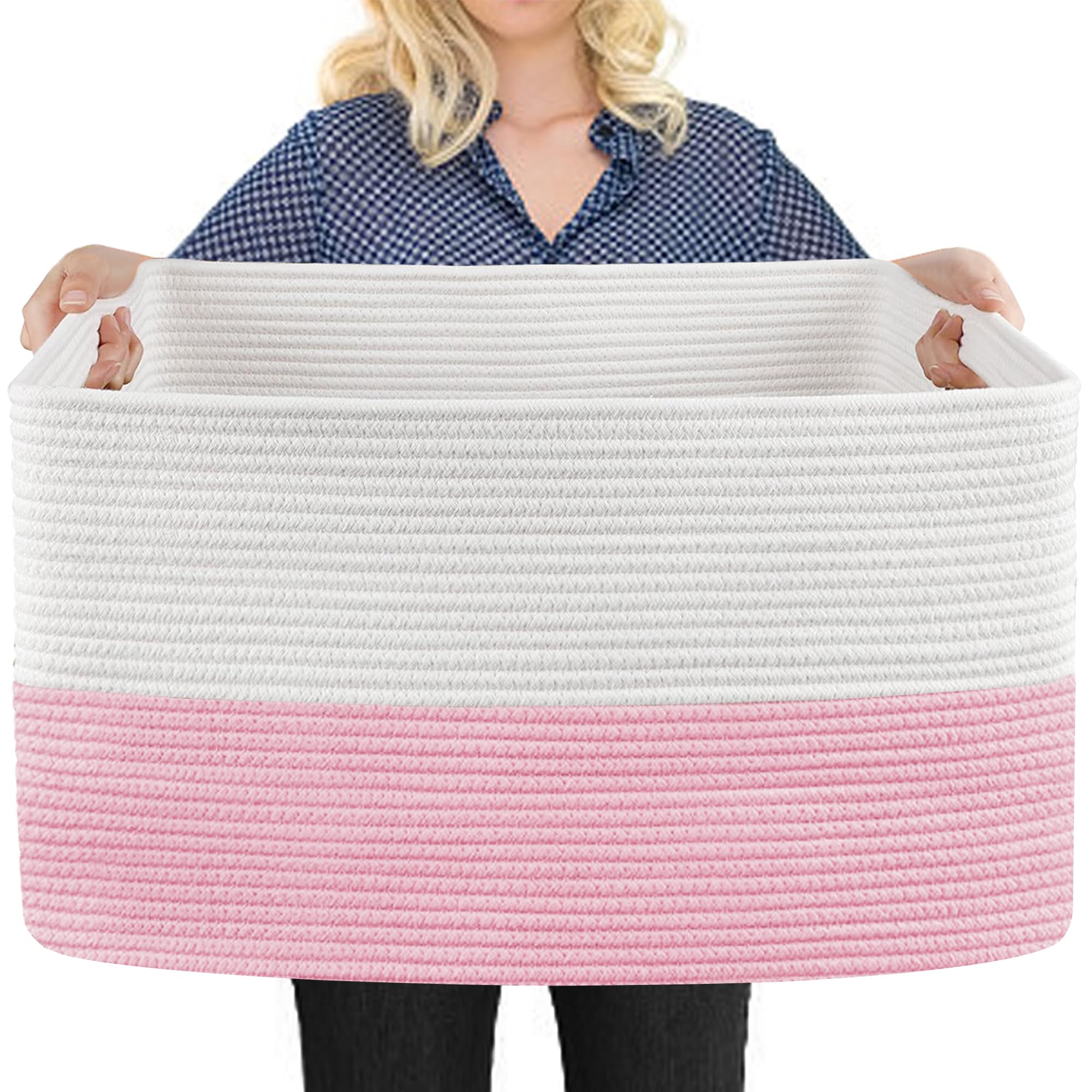 MEGASKET XXXL Pink Storage Basket, 23.6' x 15.7' x 14.1' Rectangle Cotton Rope Basket, Extra Large Blanket Basket, Kids Toy B