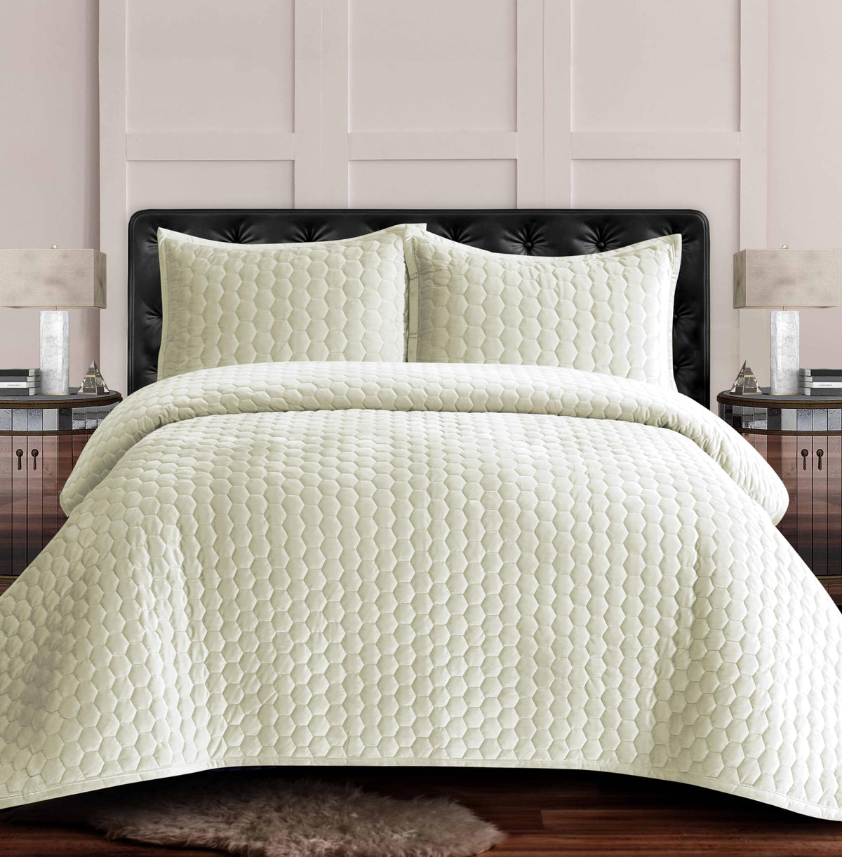 Tribeca Living Velvet Twin Quilt, Two-Piece Honeycomb Stitch Bedding Set Includes One Oversized Quilt & Sham Pillowcase, 260Gsm
