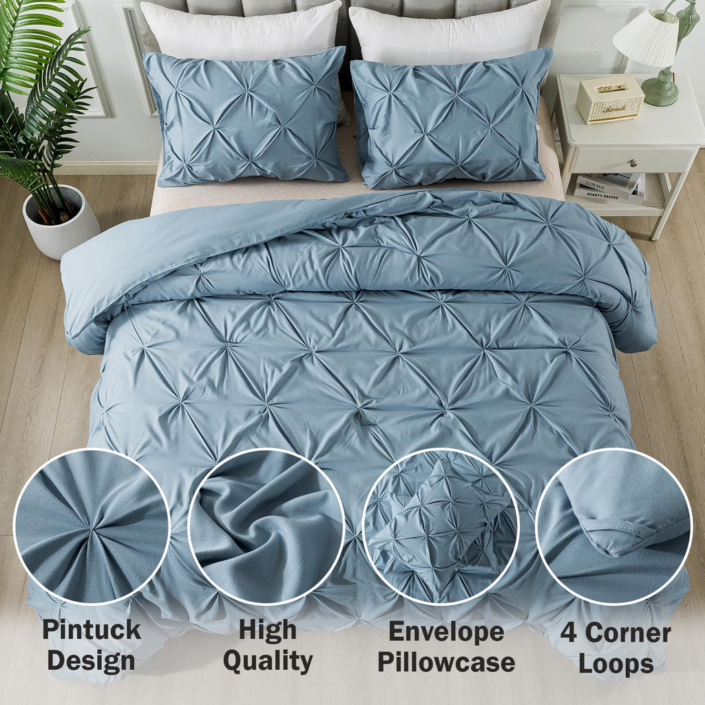 Andency Grayish Blue Comforter Set King, 3 Pieces Boho Pinch Pleat Bedding Comforter, All Season Soft Lightweight Modern Solid Bed Comforter Set